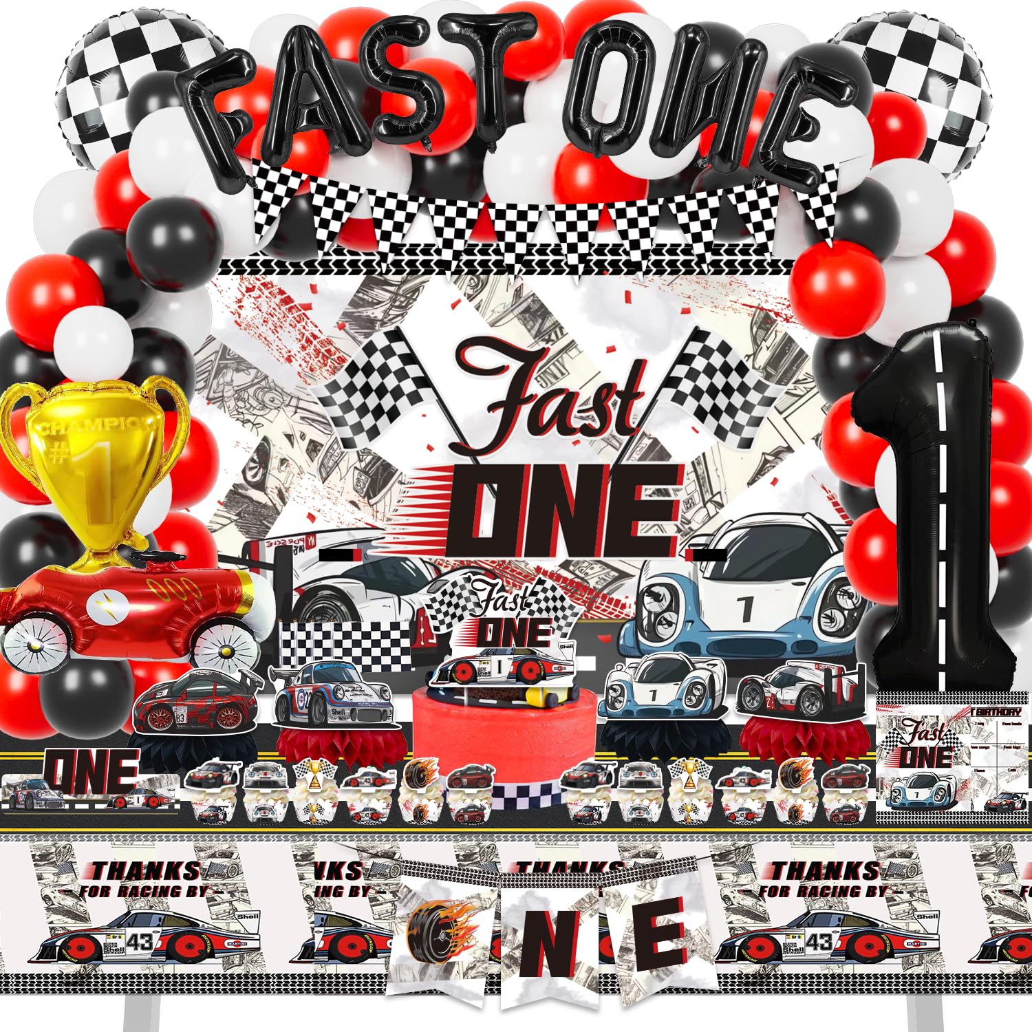 Mpanwen Fast One Birthday Decorations for Boys, 153 Pcs Race Car Birthday Party Supplies - Backdrop, Toppers, Cupcakes Wrappers, Tablecloth, Flags, Centerpiece, Highchair Nanner, Crown and Poster