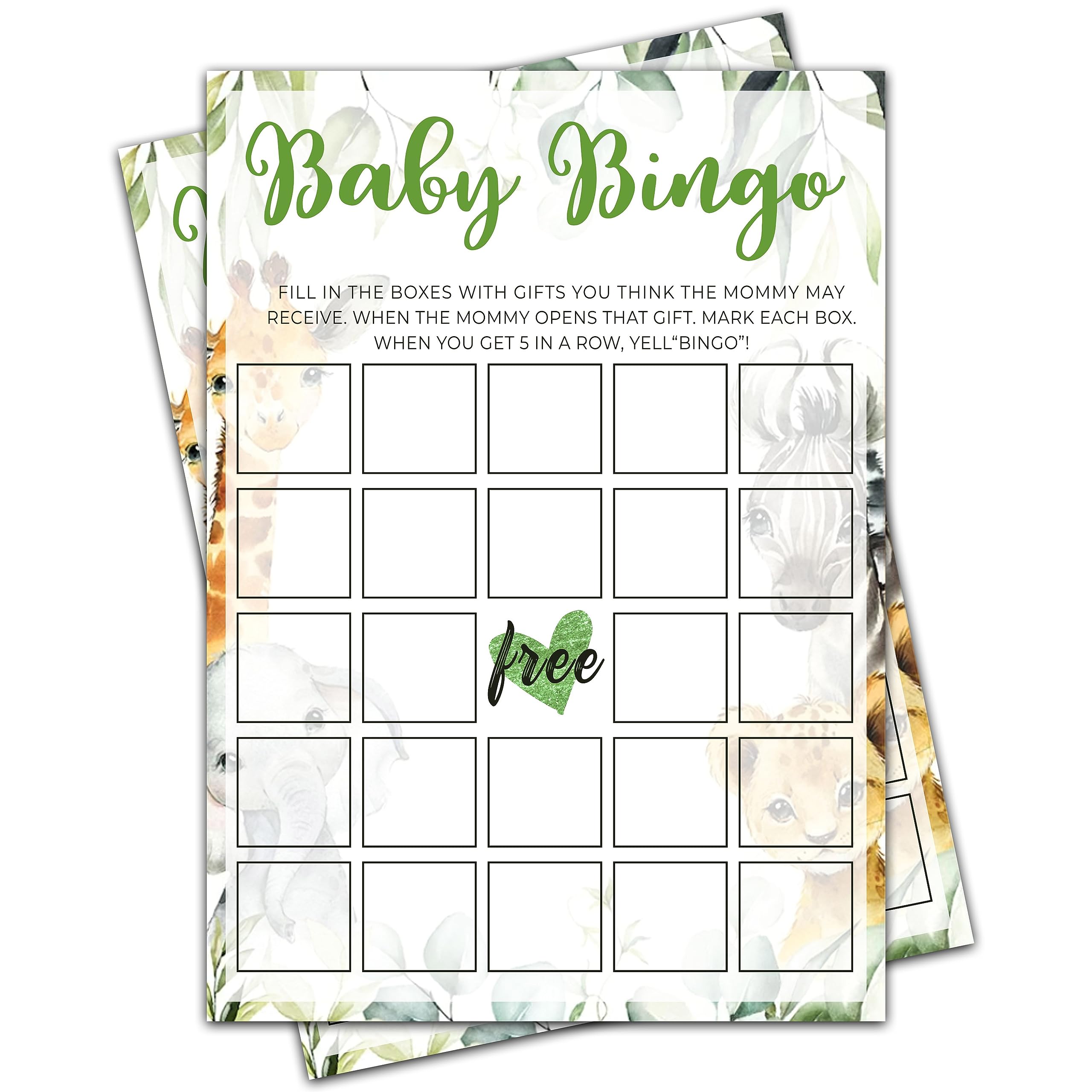 Baby Shower Games, Greenery Woodland Animals Theme Gender Neutral Cards - 25 Baby Bingo Games - Gender Reveal & Baby Announcement Party Supplies-B05