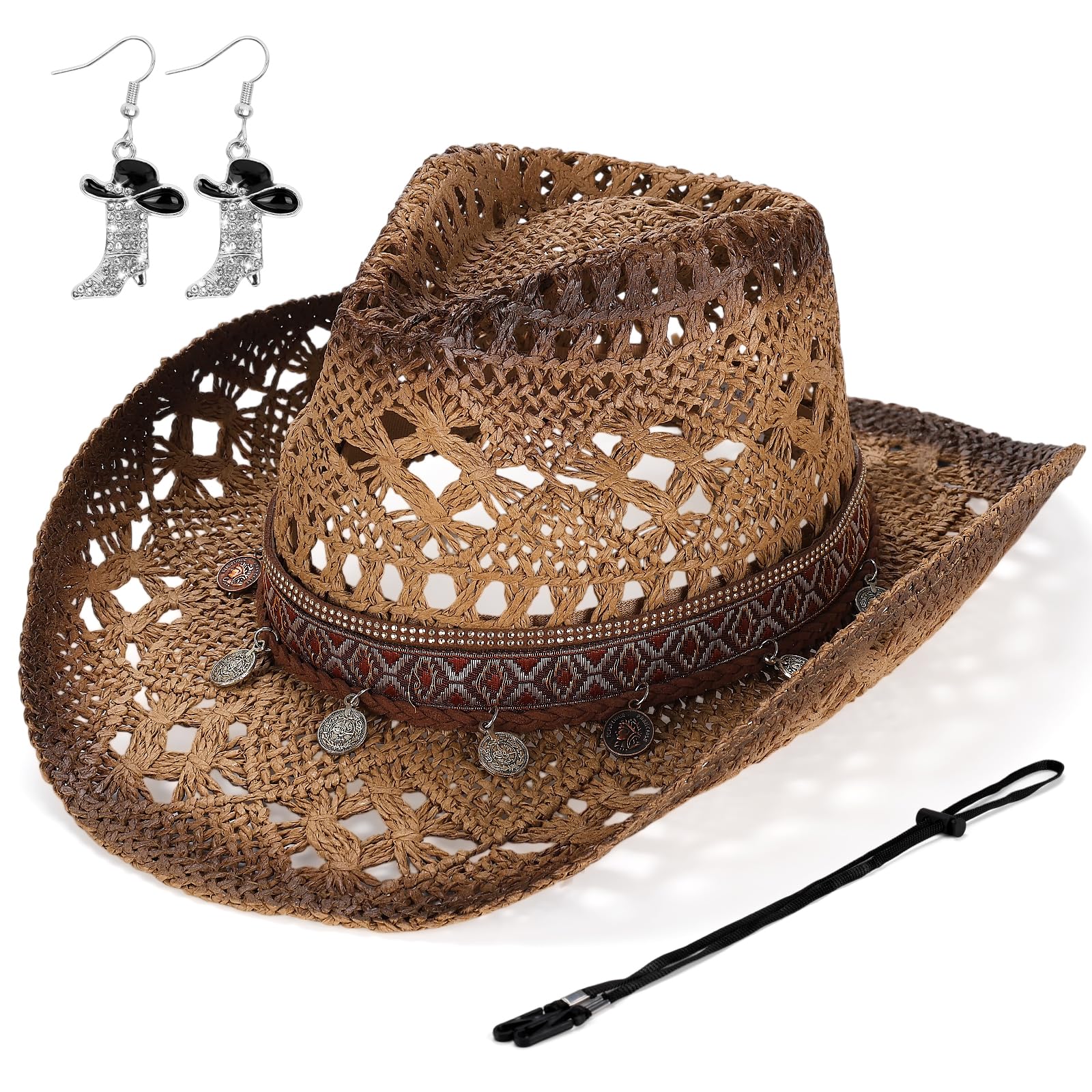 Geebuzz Straw Cowboy Hat for Women, Western Cowgirl Hats with Boot Earrings, Brim Summer Beach Hat (Brown-a)