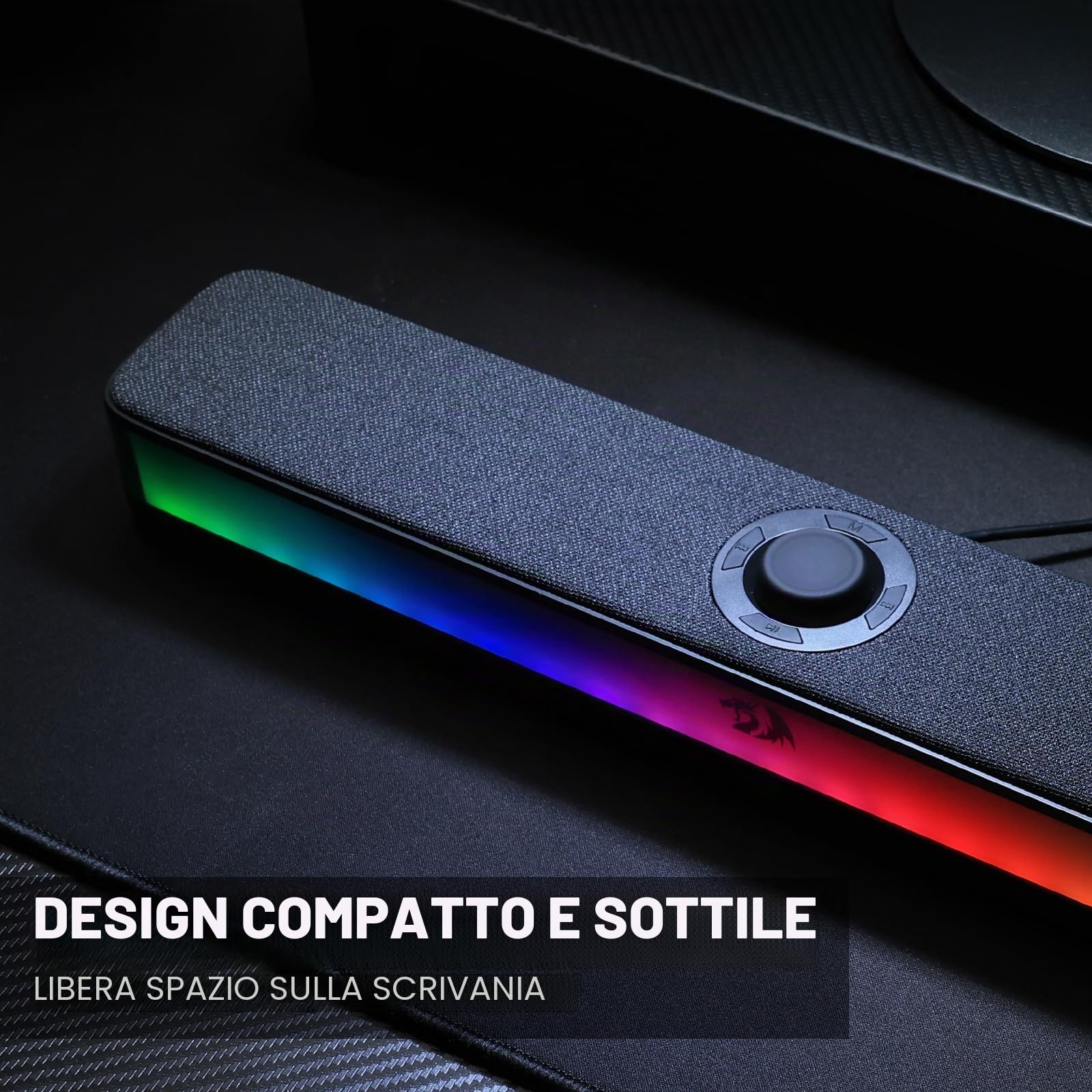 Redragon GS515 RGB Desktop Soundbar, Altoparlanti stereo per computer a 2.0 canali per desktop con BT 5.3, alimentazione USB-C/USB (nero) | 6 effetti di luce dinamici, connettività wireless e cablata, design compatto, Plug & Play USB Powered PC Gaming Spe