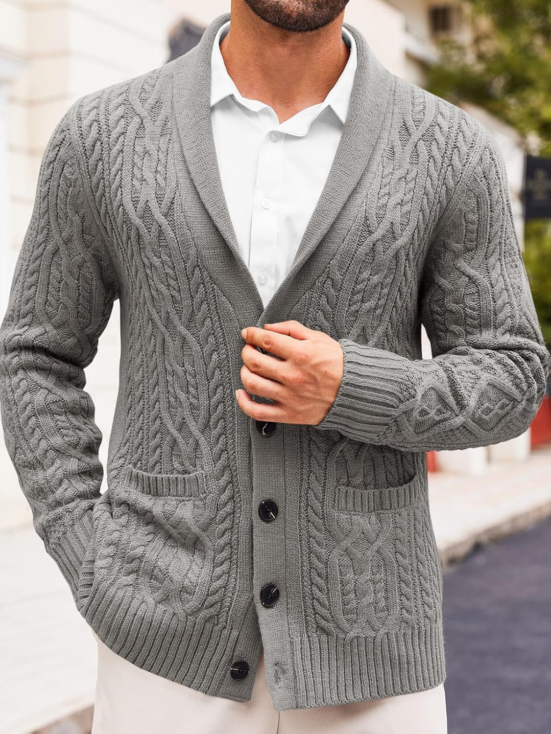 Runcati Mens Shawl Collar Cardigan Sweater Casual Cable Knit Button Down Winter Chunky Ribbed Sweaters - Image 2