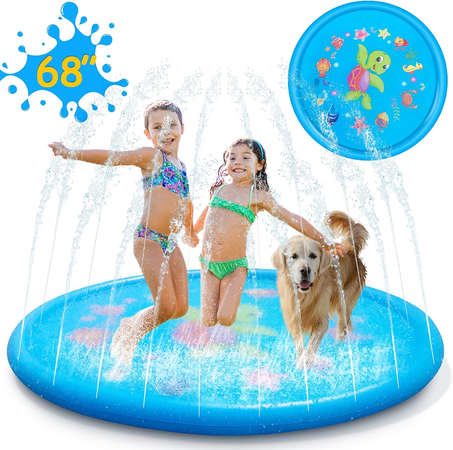 Splash Pad for Kids- Sprinkler for Dog and Baby, 68'' Big Blue Sea Turtle Wading Pool for Child, Inflatable Outside Splash Play Mat Toys for Boys Girls,Outdoor Summer Water Toy for Toddlers & Pets