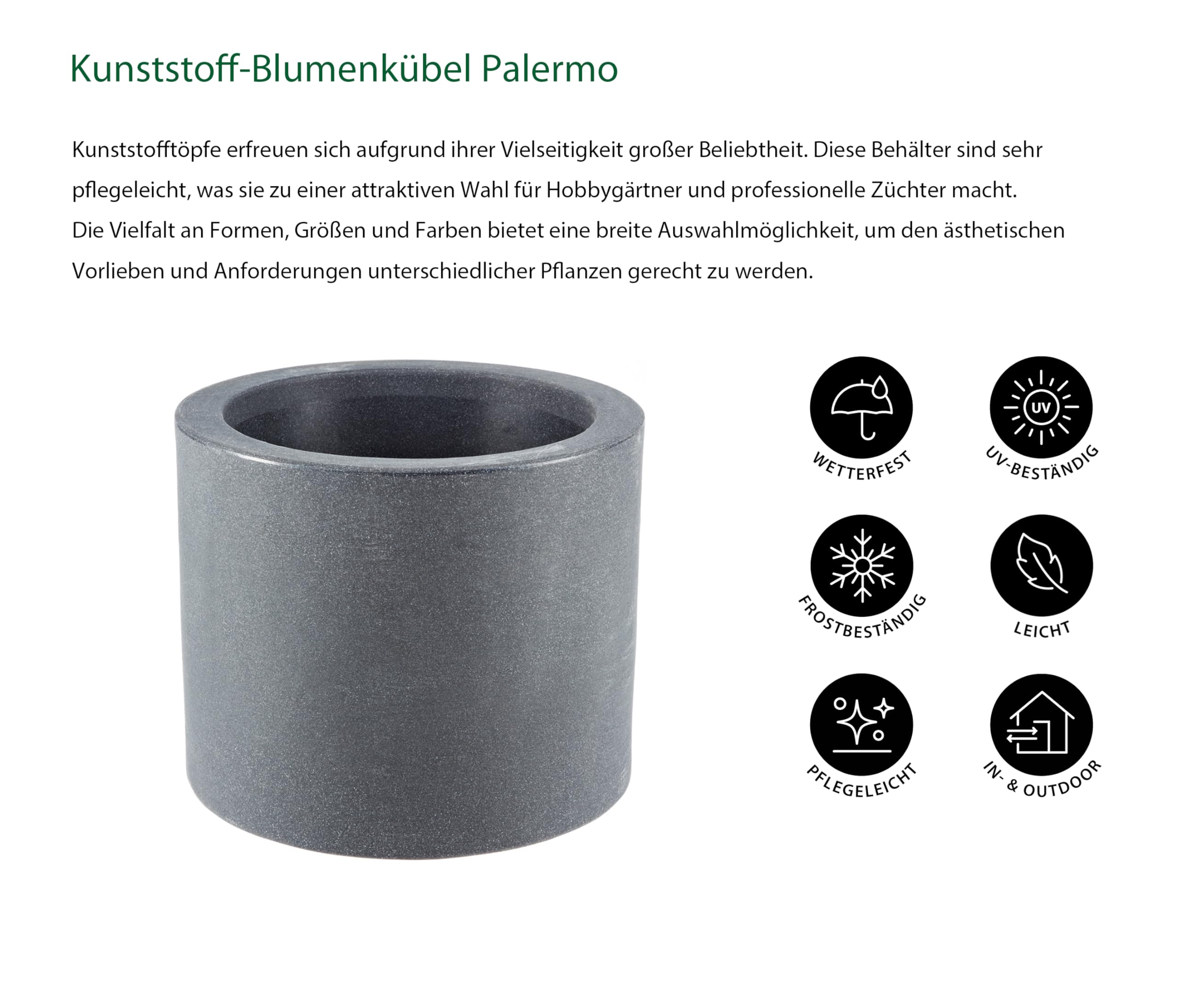 Dehner Blumenkübel Palermo, mit integrierten Rollen, Ø 40 cm, Kunststoff, anthrazit, Grau
