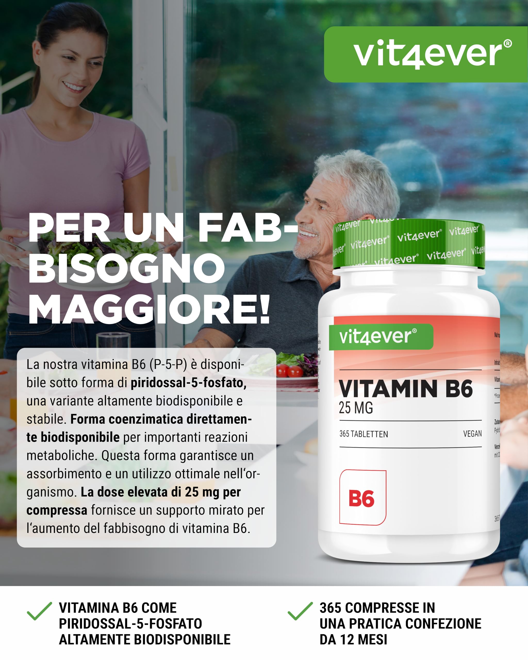 Vitamina B6 come P-5-P - 365 compresse - Dosaggio elevato con 25 mg (piridossal-5-fosfato) - Premium: vitamina B6 bioattiva - Senza additivi indesiderati - Vegan