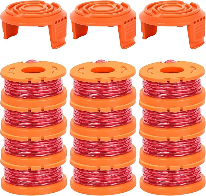 WA0010 String Trimmer Line Spool 0.065 in 10ft Edger Spool Line with WA6531 Spool Cap Cover (12 Spool + 3 Cap) - Premium Worx Weed Eater Replacement