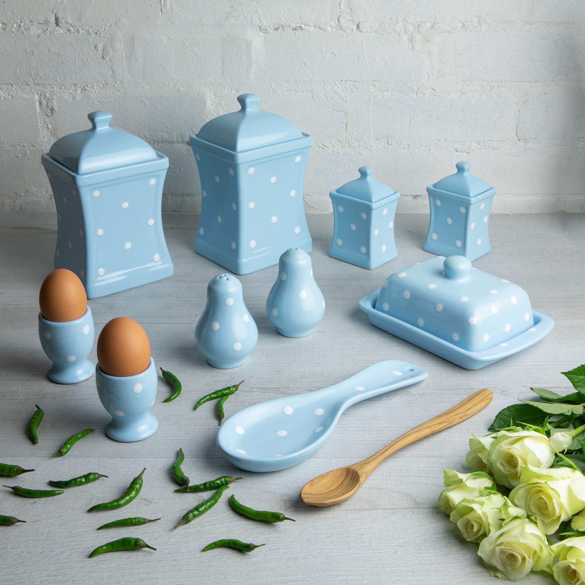 City to Cottage10 Piece Sky Blue with White Polka Dots Ceramic Kitchen Set Handmade and Painted