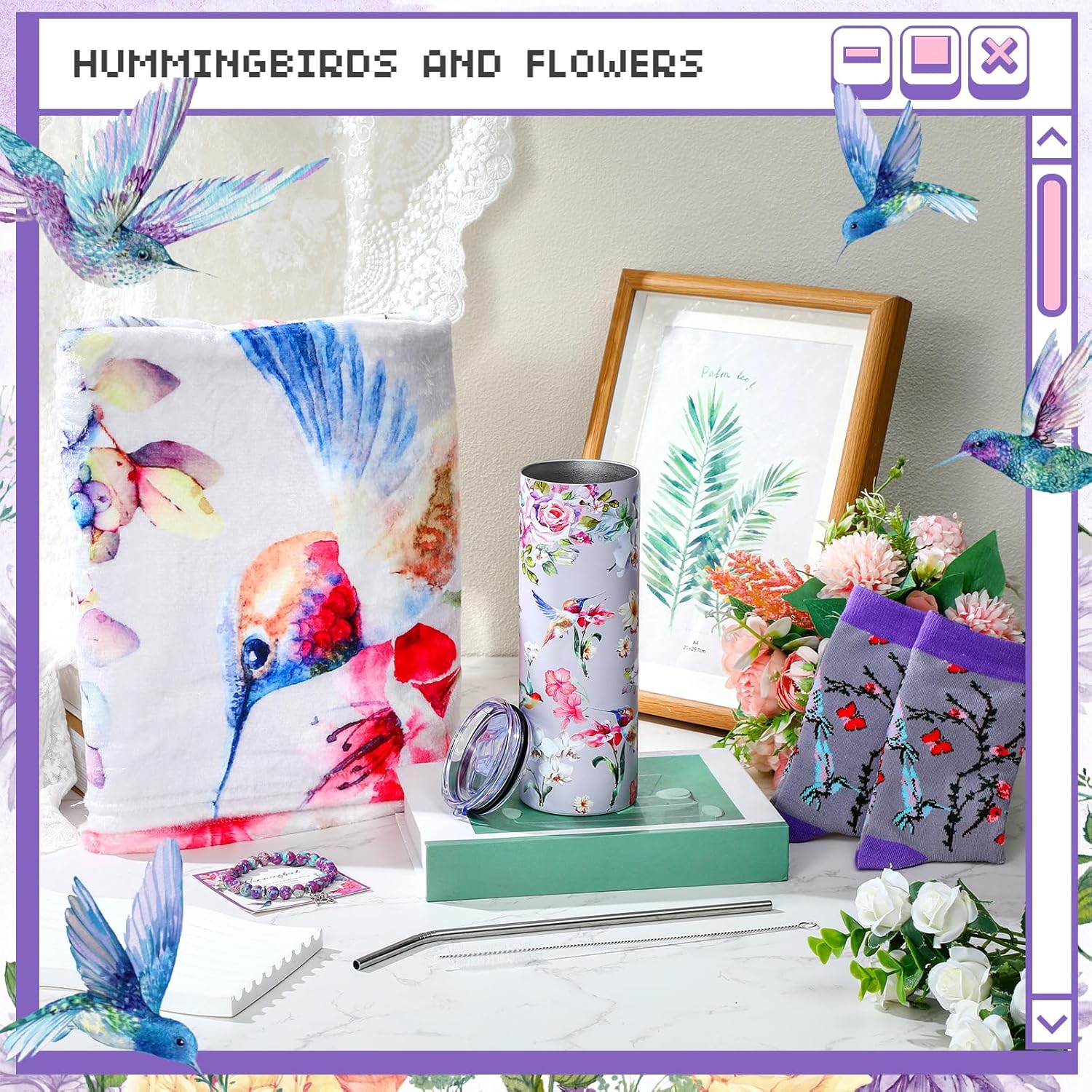 4 Pcs Hummingbird Valentine's Day Women Gifts 20 oz Tumbler with Straw Hummingbird Lover Throw Blanket Novelty Sock Bracelet Gift for Valentine's Day Birthday Teacher - Image 3