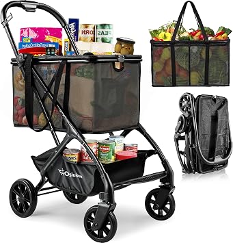 Personal Shopping Cart Foldable, 75Lbs Folding Shopping Cart with Wheels Removable Basket, One-Click Folding, Portable Collapsible Shopping Cart for Groceries, Laundry, Camping etc