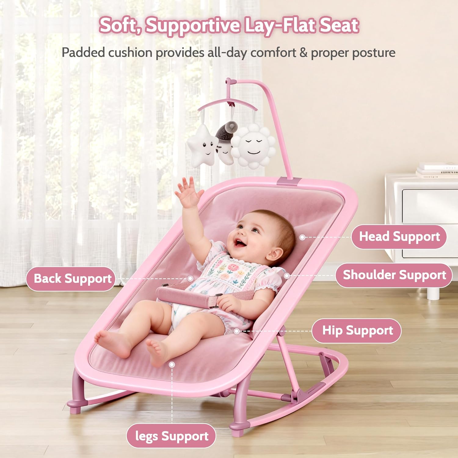 2-in-1 Baby Bouncer & Rocker Seat, 3-Position Reclining, Portable & Foldable Design, Machine-Washable Seat Pad, Lightweight Aluminum Frame, for Newborns & Infants 0-12 Months, Pink