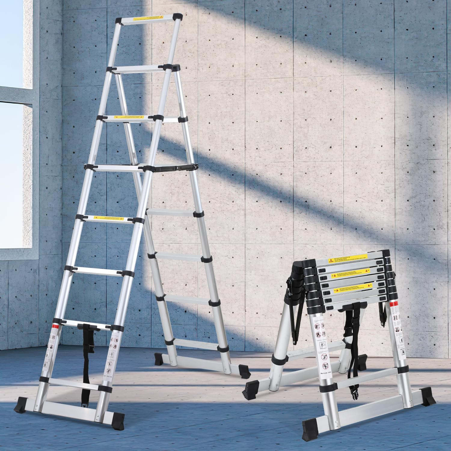 Escalera telescópica de 2 m + 2,3 m, de aluminio, plegable, antideslizante, multiusos, 150 kg de capacidad de carga