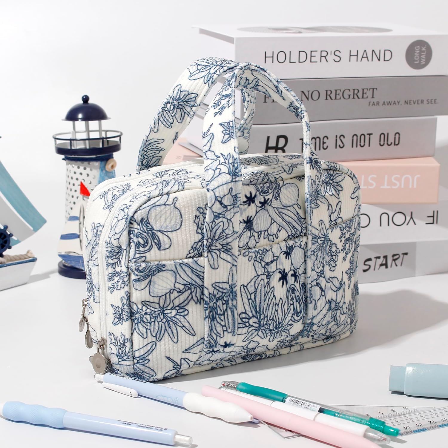 Large Pencil Case Pouch Extra Big Pencil Bag Wide Opening 5 Compartments Soft Corduroy Pen Bag Organizer with Zipper School Supplies for Girls Kids (A Navy blue flower) - Image 2