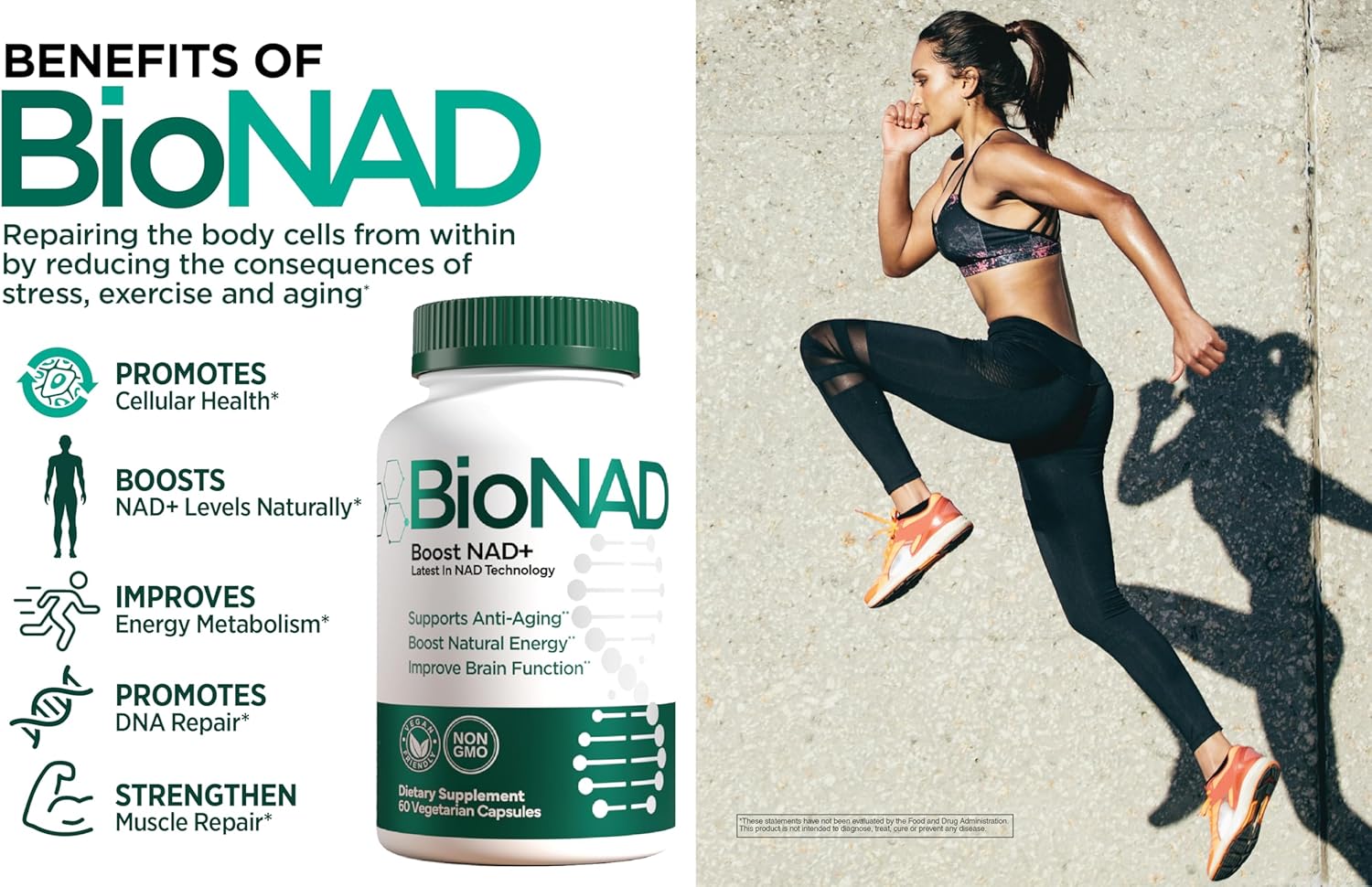 BioNAD NAD+ Natural Energy Booster - Boosts NAD+ and Supports Overall Health - Anti Aging - Combats Inflammation induced Aging on a Cellular Level - Vegan/Non GMO