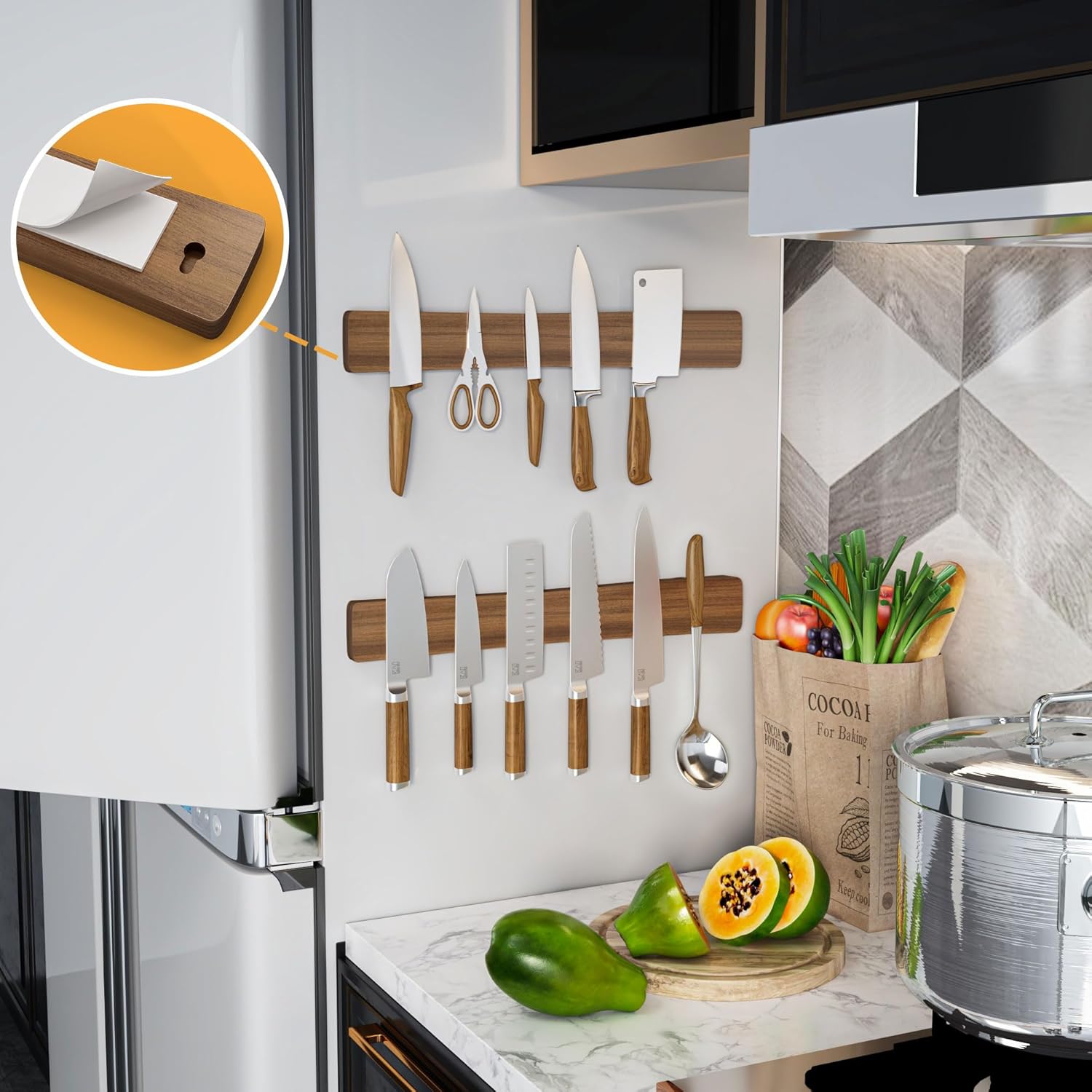 Magnetic Knife Holder for Wall, Acacia Wood Knife Magnetic Strip No Drill Knife Magnet Storage Bar Magnetic Tool Key Holder Strip for Kitchen Utensil Organizer (Dark Brown, 24 Inch)