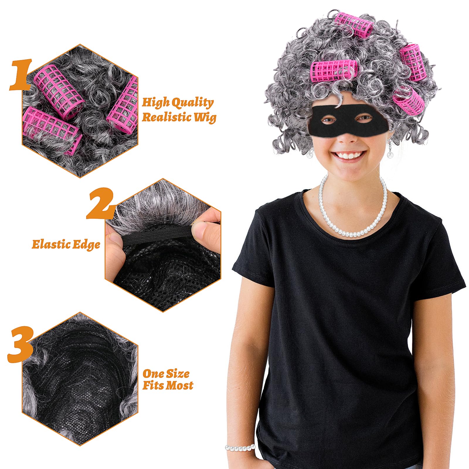 Homgaty14Pcs Old Lady Fancy Dress Set, Granny Wig Grandma Wig Kit - Image 4