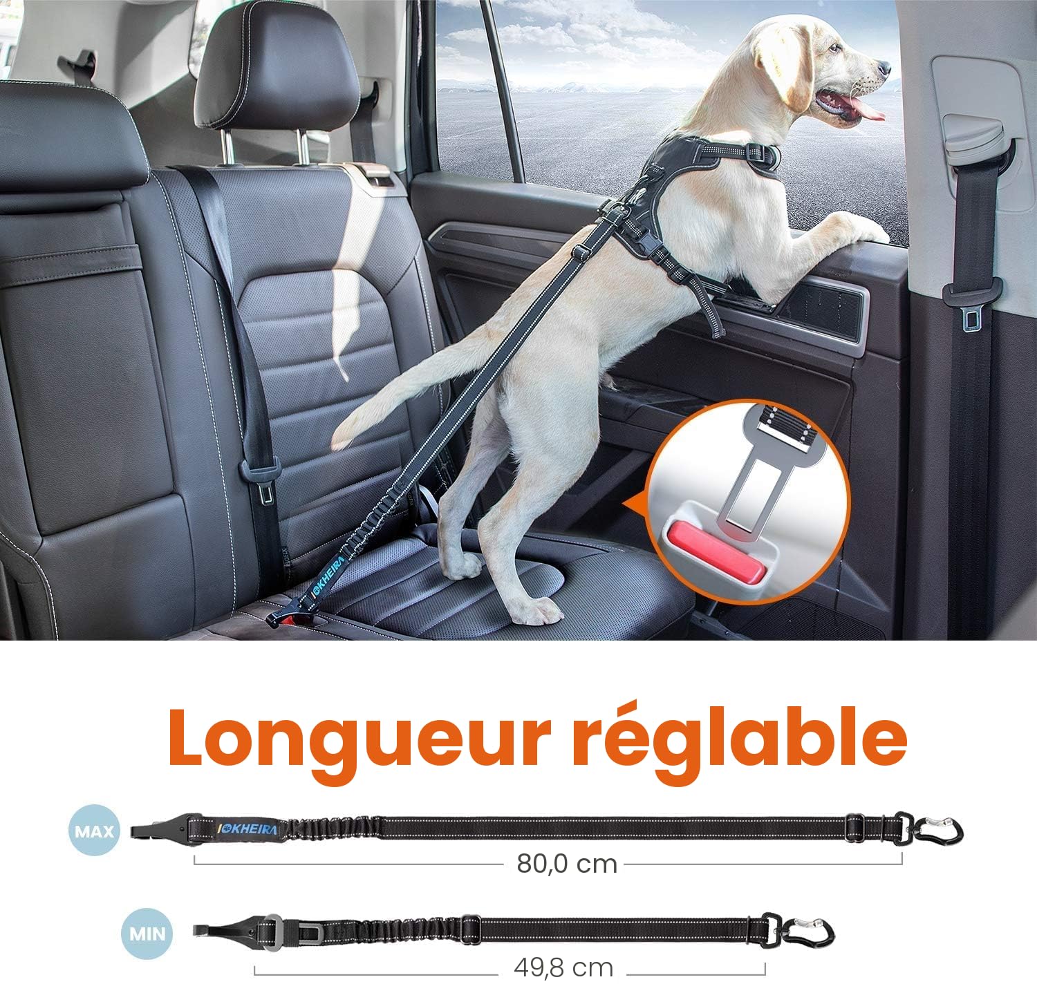 IOKHEIRA Ceinture Sécurité Chien, Trois en Un Ceinture Chien Voiture, Reglable Nylon Durable Harnais Voiture Chien, avec Coussin élastique Antichoc, pour Tous Les Chiens et Chats, Nylon Noir