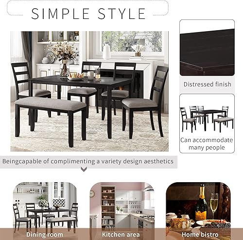 Miniatura 4 de Woanke Simple Wooden - Juego de 4 sillas tapizadas y 1 banco, mesa de cocina y comedor para 5, 6 piezas rectangulares espresso