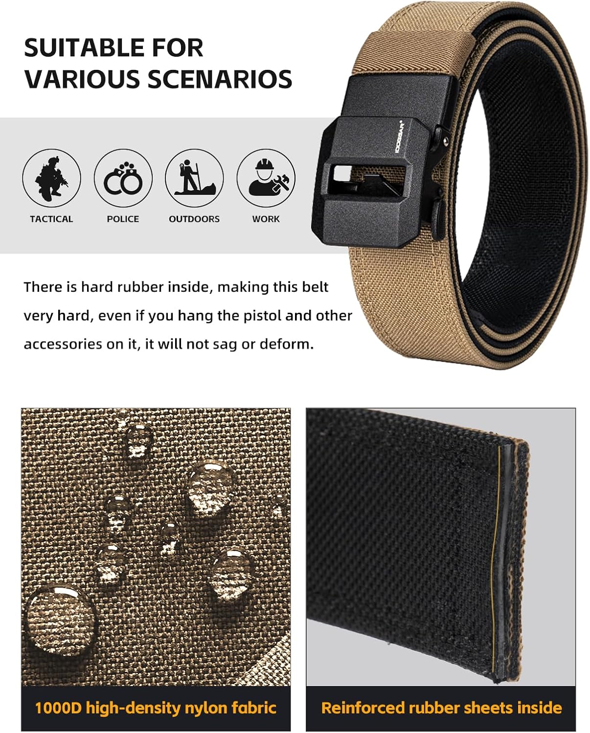 IDOGEAR SPORTS Tactical Ratchet Belt 1.5” EDC Gun Belt Reinforce Heavy Duty Belt With Adjustable Buckle - Image 3