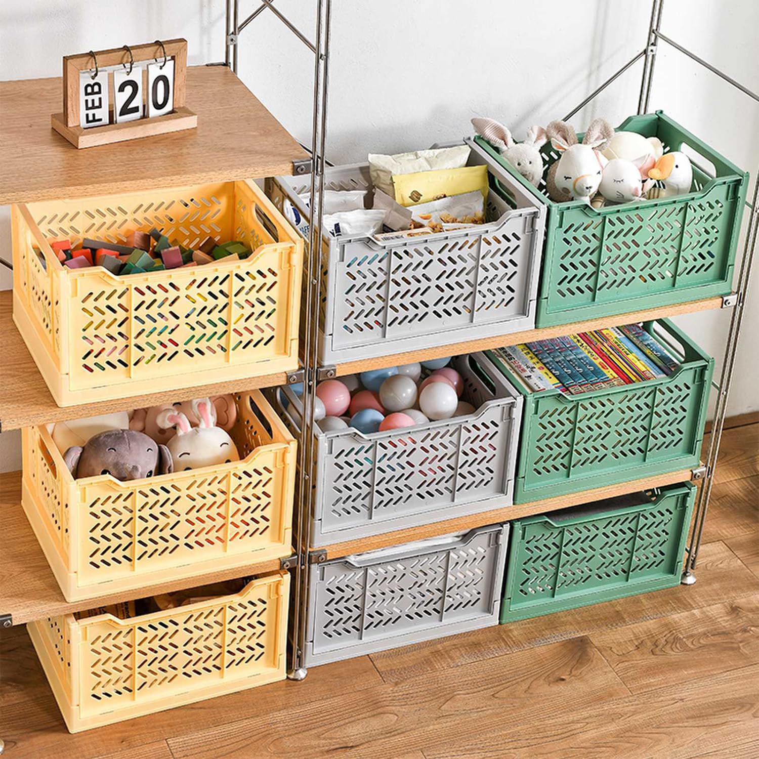 Lot de 2 Grandes Boîtes de Rangement Pliables-Caisses de Rangement en Plastique Empilables-Paniers de Rangement Pliables pour la Cuisine, le Salon, la Chambre à Coucher(Jaune)