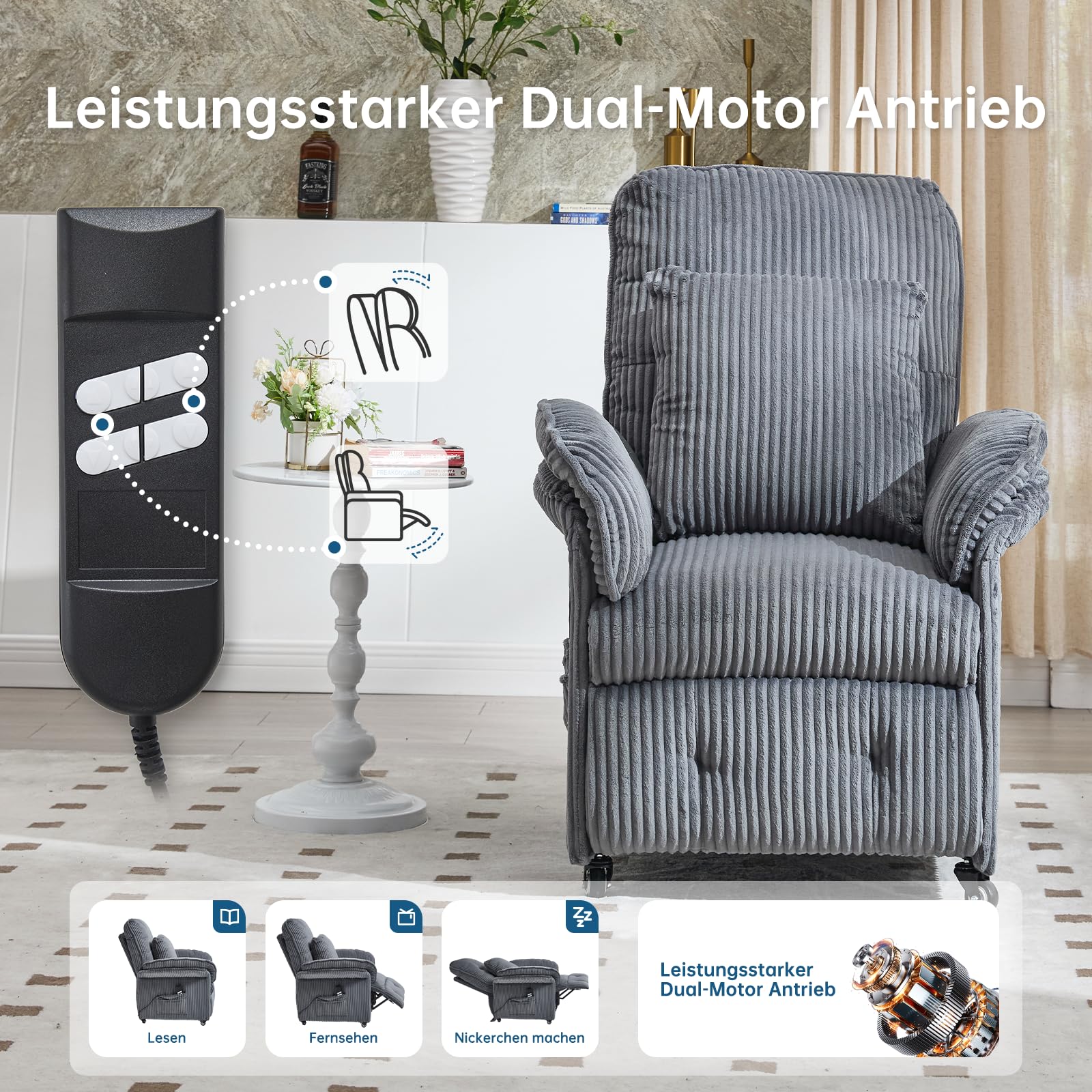Poltrona relax elettrica con 2 motori, colore grigio scuro
