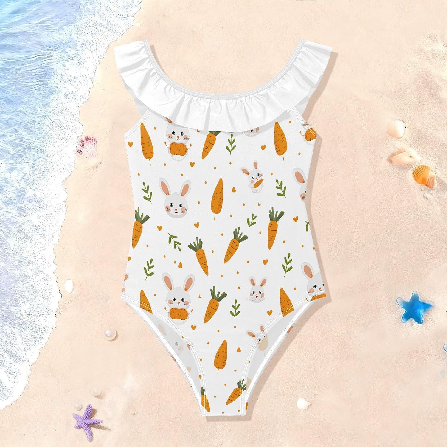 visesunny Girls One Piece Swimsuits Ruffle Swimwear Cartoon Rabbit Carrot Bathing Suits for Girls 3-6Y