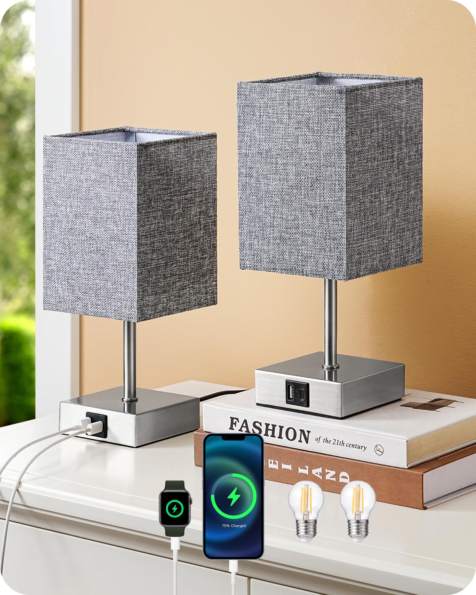 EDISHINE Bedside Lamps Set of 2, 3 Way Dimmable Table Lamp with USB A+C Charging Ports, Touch Lamps for Bedroom, Living Room, Grey (LED Bulbs Included)