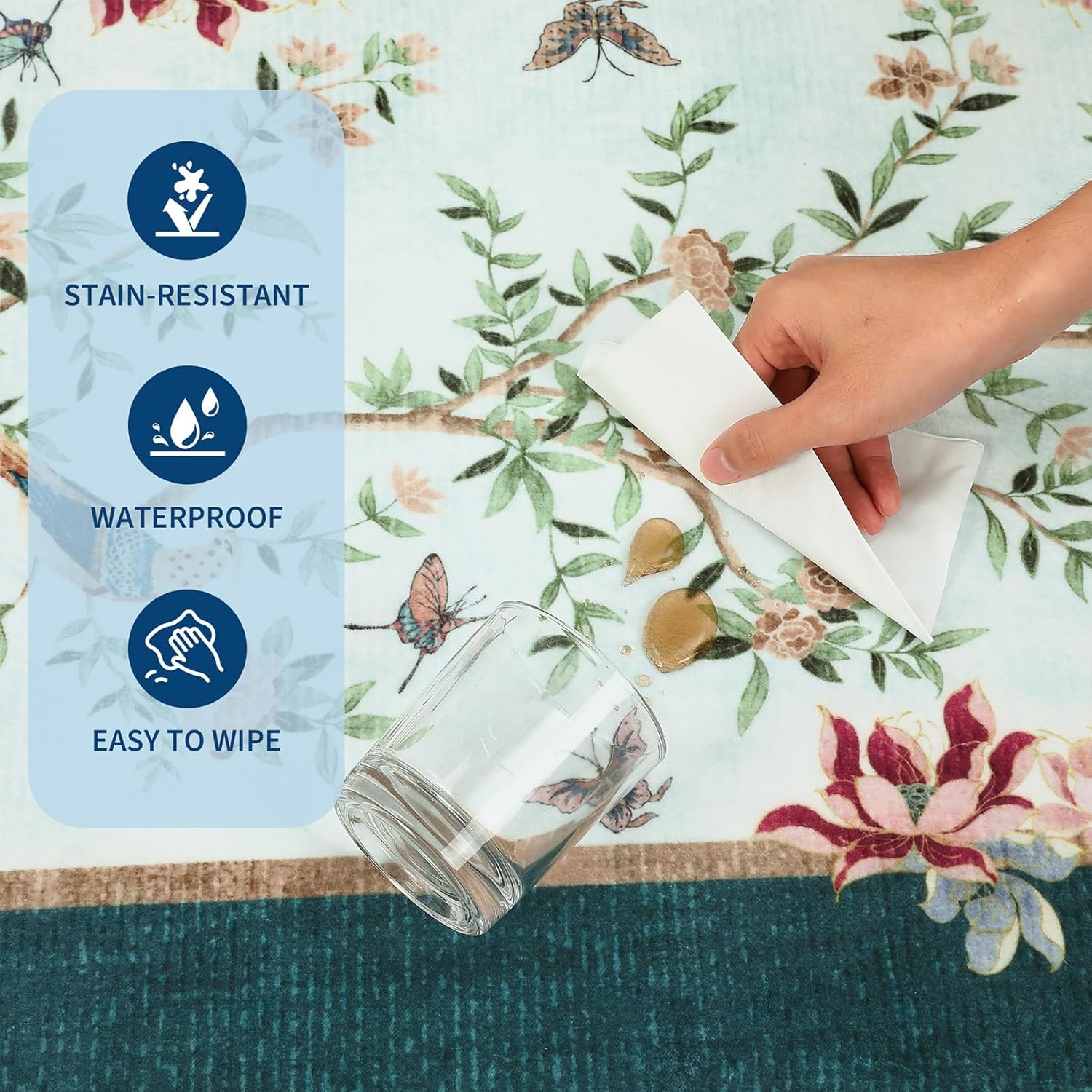 GarveeHome 6x9 Area Rugs Chinoiserie-Style Washable Rug 6x9 Oriental Colorful Butterfly Birds Floral Rug Non Slip Low Pile for Kids Living Room Bedroom Nursery Dining, Blue