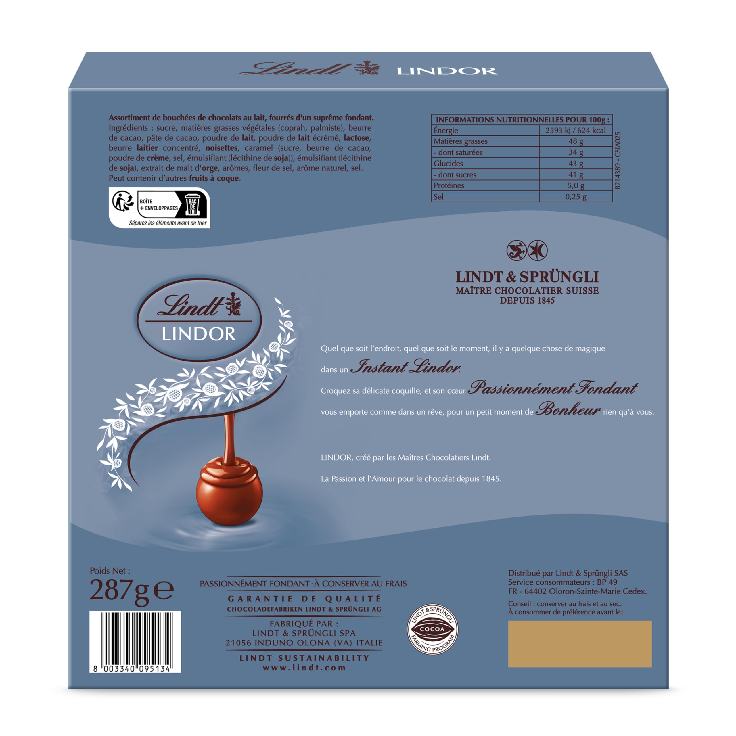 Lindt - Boîte Cadeau LINDOR - Assortiment de Chocolats au Lait, Noisettes, Caramel Pointe de Sel - Cœur fondant - Idéal pour Noël, 287g