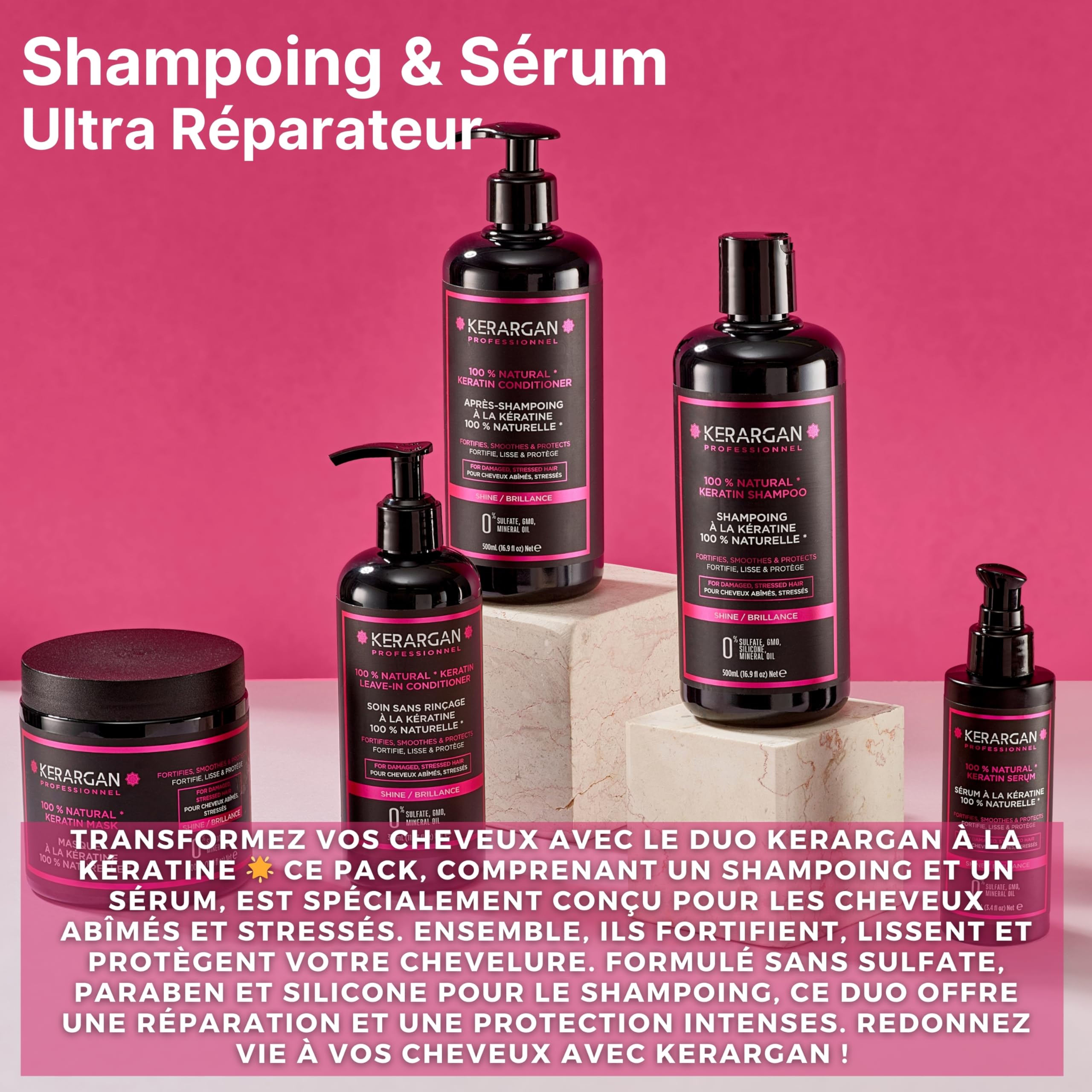 KERARGAN - Duo Kératine Shampoing & Sérum Réparateurs - 500ml+100ml