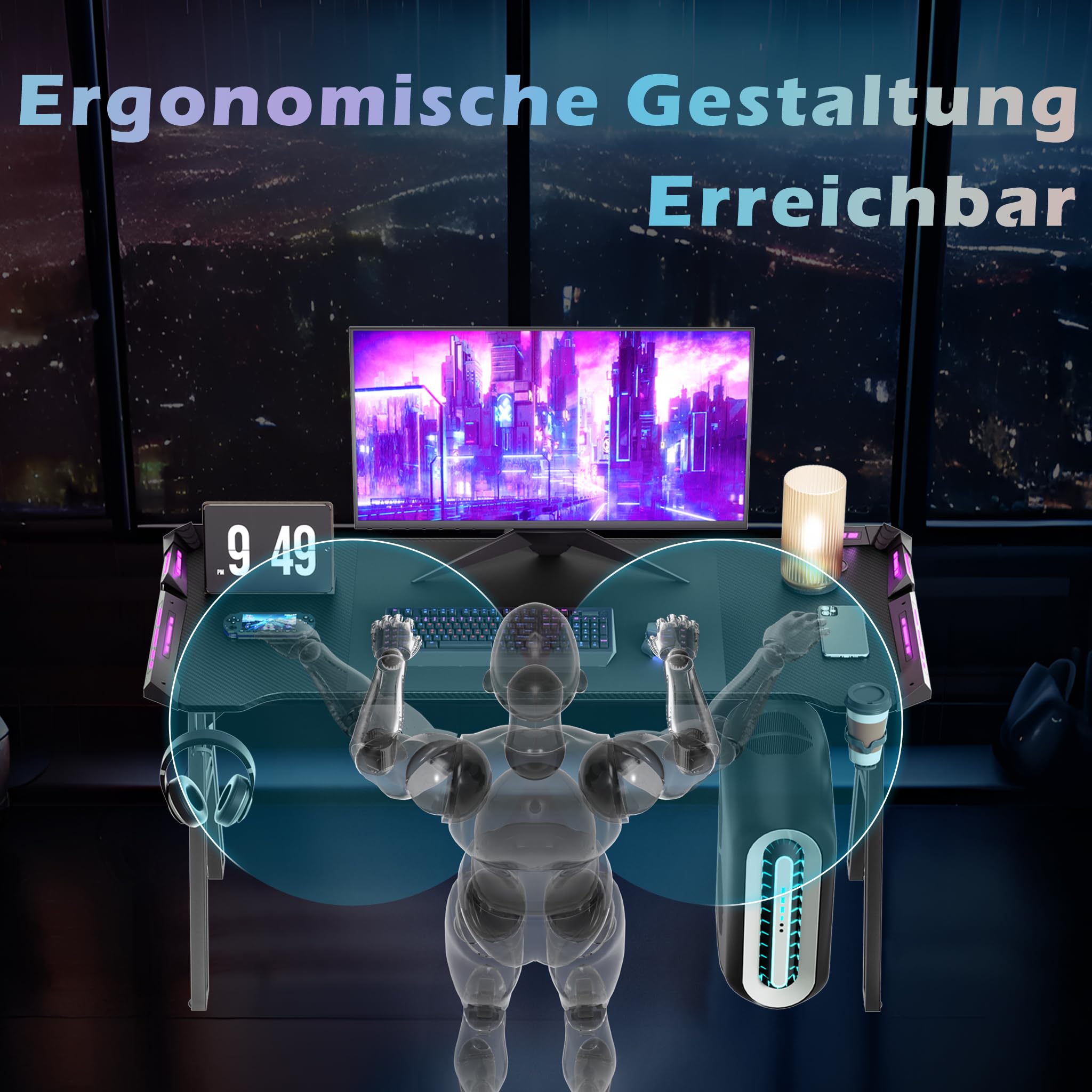 Froadp A-Frame stolik gamingowy, biurko gamingowe, grubość 1,5 cm, płyta MDF i stal, biurko komputerowe z listwą świetlną LED, ergonomiczne, z przestronną powierzchnią roboczą (szerokość 140 cm)