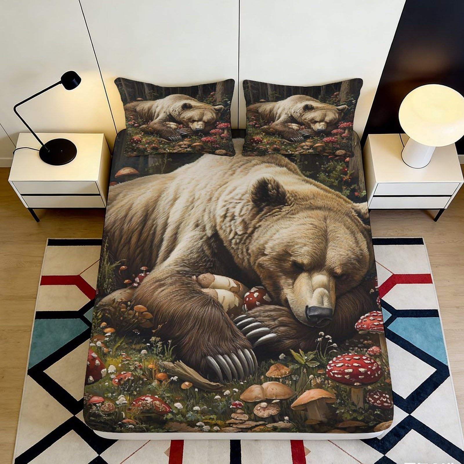 Pnayamiorkfel Style-4 3D Printed Sleeping Bear Fitted Sheet Microfiber Soft Forest Mushroom Bed Cover For Bedroom Guest Room Decor 90X200x25cm
