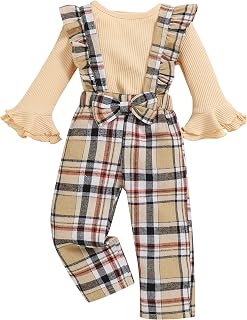 Renotemy Toddler Baby Girl Clothes Fall Winter Overalls Jumpsuit Ribbed Knit Sweater Plaid Suspender Pant 2PCS Outfits 12M-4T