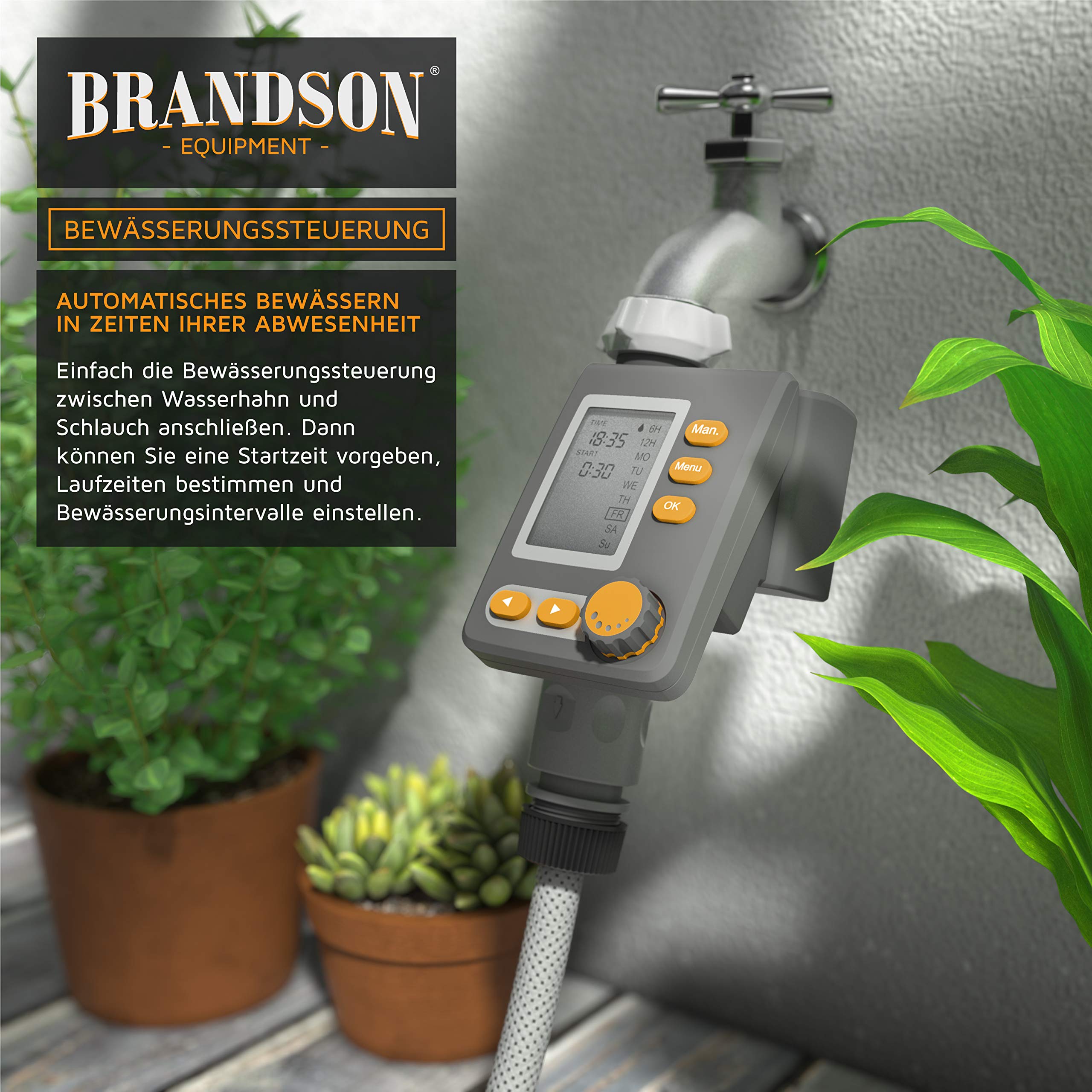 Brandson - digitaler Bewässerungscomputer mit Display - Wasserzeitschaltuhr - Bewässerungssteuerung - Bewässerungssystem – Bewässerungsprogramm 1 – 240 Minuten – Bewässerung 6h / 12h / tageweise