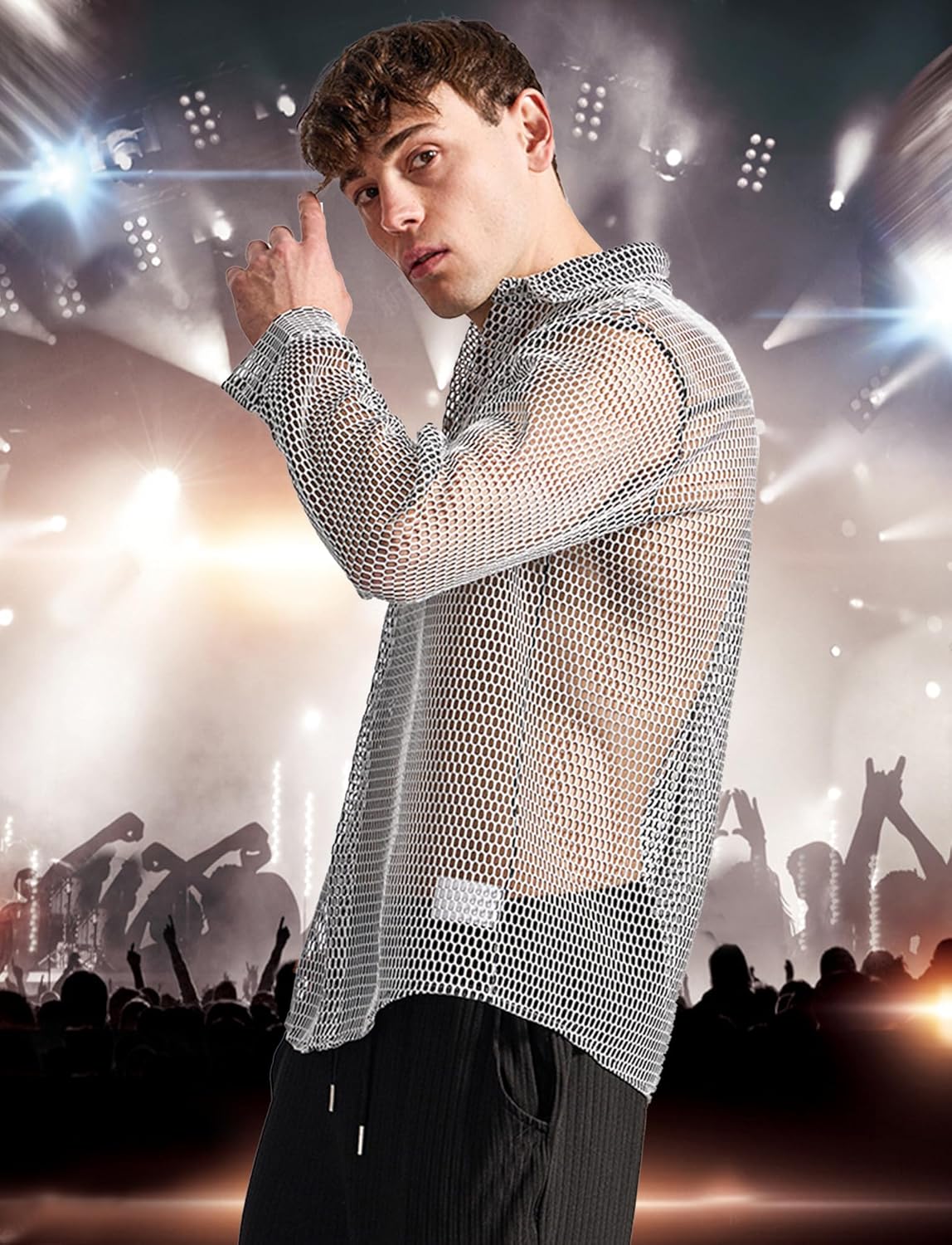 SEAUR ​​Men's Mesh Shirt​ Fishnet Top Long Sleeve Button Down Top See Through Nightclub Undershirts