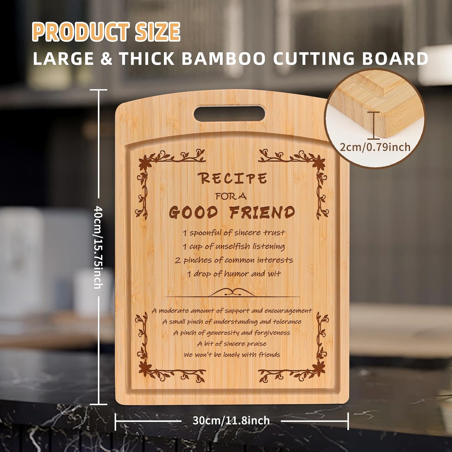 Joeyan Engraved Recipe Cutting Board for Friendship in Gift Box with Double Sides Grooves for Bestie Good Friends Women Men Male Female, Large Practical Sturdy Kitchen Chopping Present for Birthday