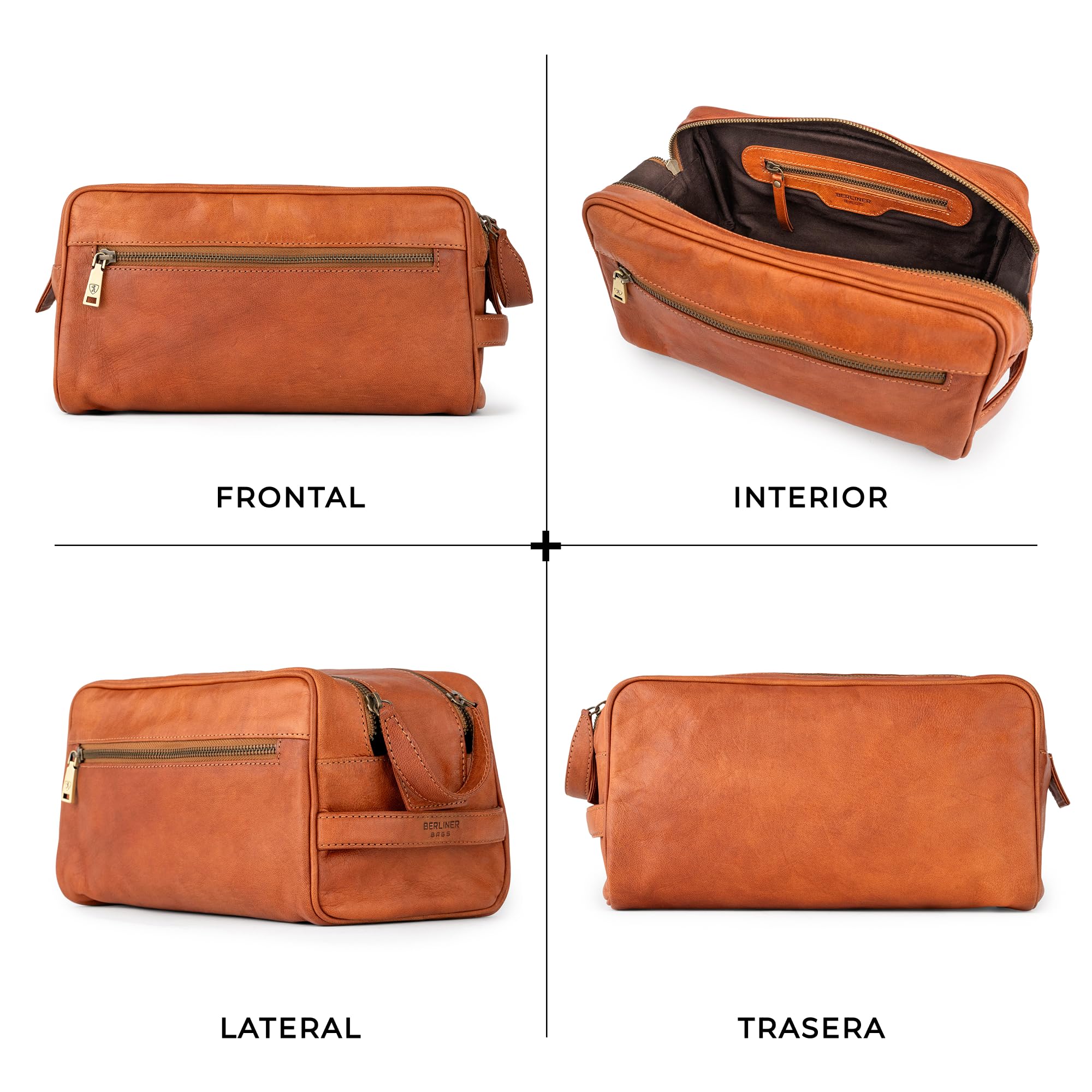 Berliner Bags Tim XL Neceser de Piel Auténtica, Gran Bolso de Aseo con Cremallera YKK, Bolsillos Interior y Exterior, Forro de Algodón y Asa de Mano – Marrón