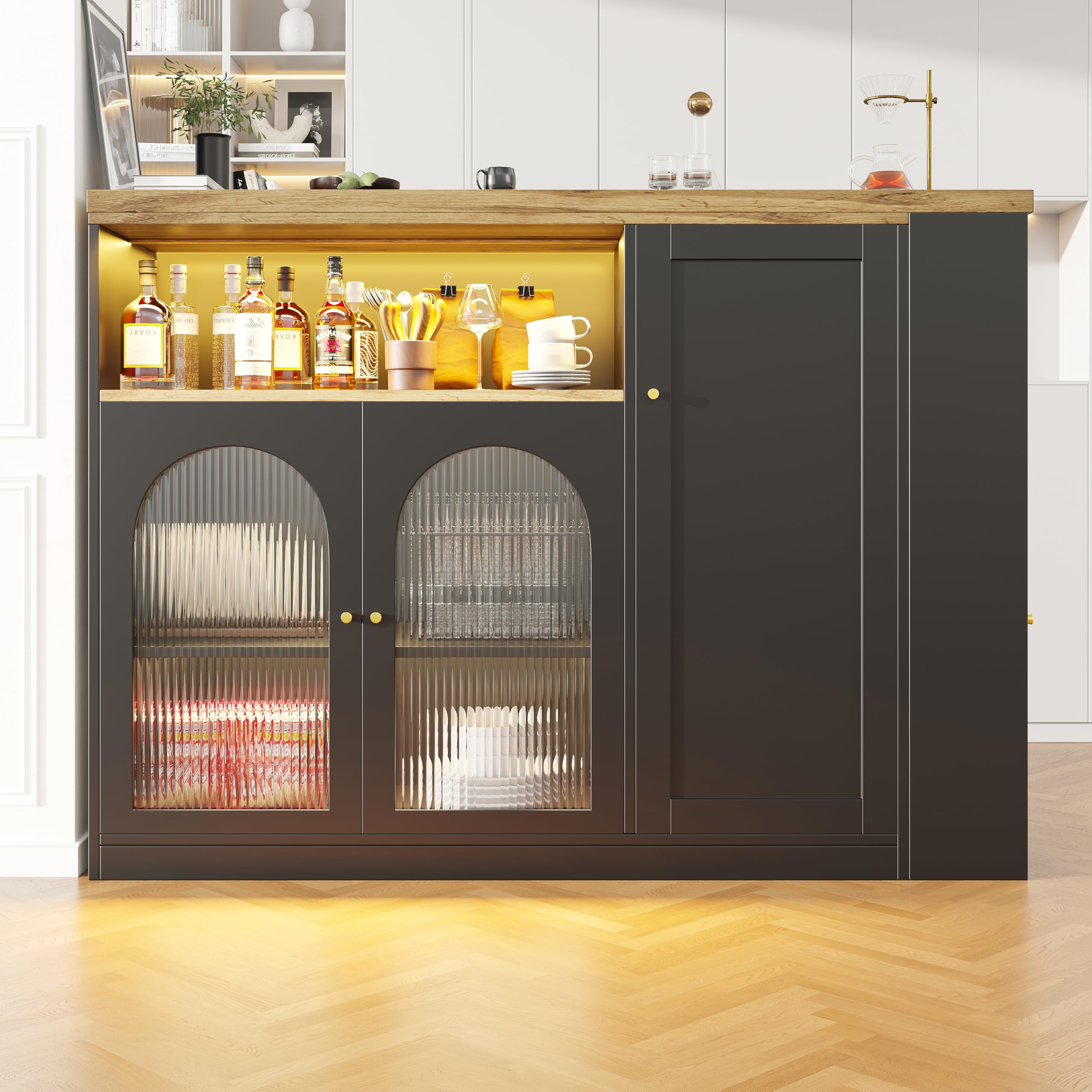 Credenza Moderna Girevole 360° con Luce LED, Vetro Changhong - Multifunzione: Mobile Bar, Cantinetta Vini, Scrivania Legno, Angolo Caffè - Nero Opaco/Venatura Legno 197x40x100 cm