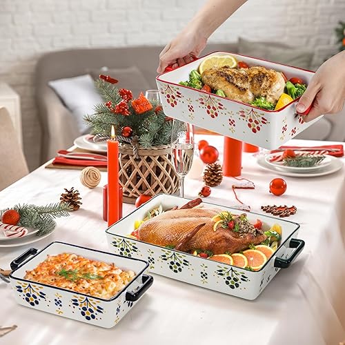 Miniatura 8 de Peohud Juego de 3 cacerolas para horno, platos de porcelana para hornear con asa, grandes sartenes rectangulares para lasaña, juego de utensilios de