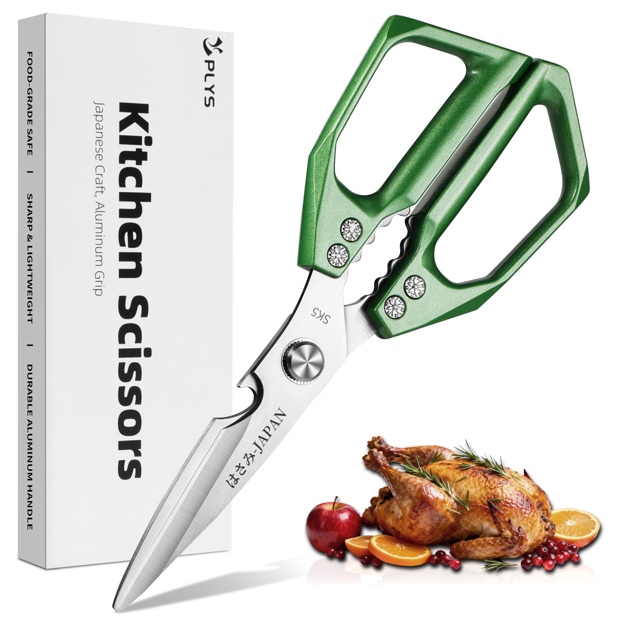 Meat Scissors All Purpose for Kitchen: Green Handle Heavy Duty Food Shears
