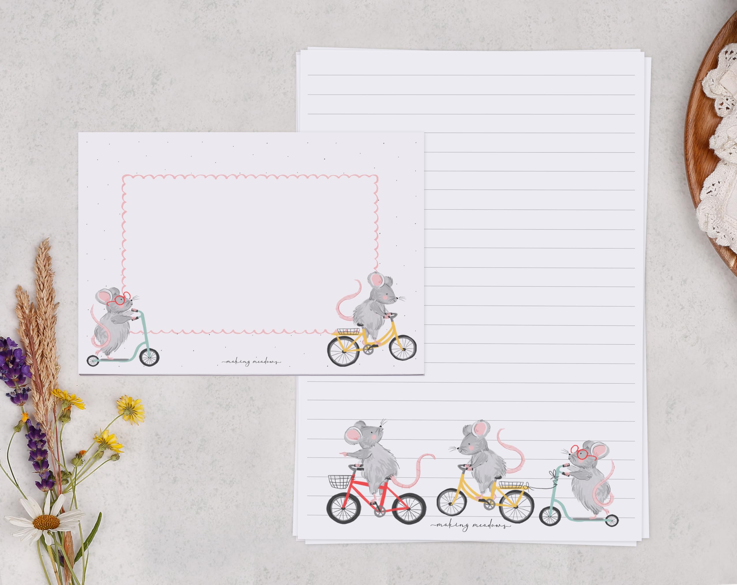 Making Meadows A5 Writing Paper with Envelopes, Lined Letter Writing Sets for Adults in Pink Mouse Design with Pretty Envelopes (20 Sheets & 10 Envelopes)