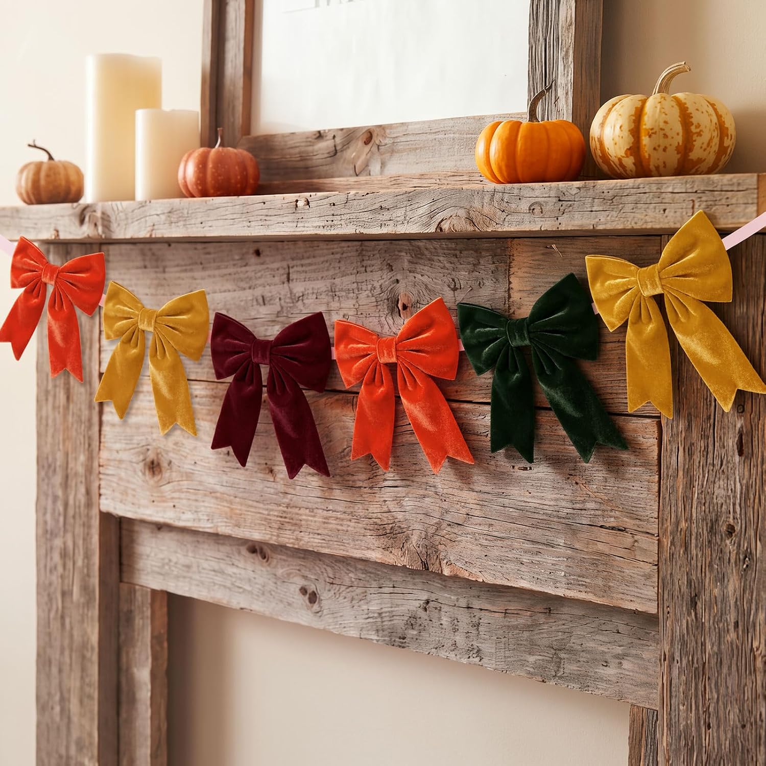 Yinder Fall Velvet Bow Garland 6.5 ft for Mantel Banner Decor,