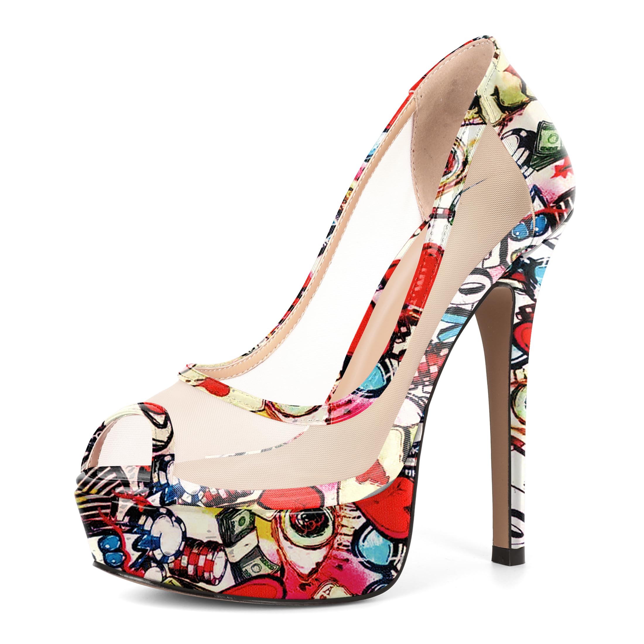 Women's Mesh Peep Toe Platform Pumps Slip On Sexy Stiletto High Heels