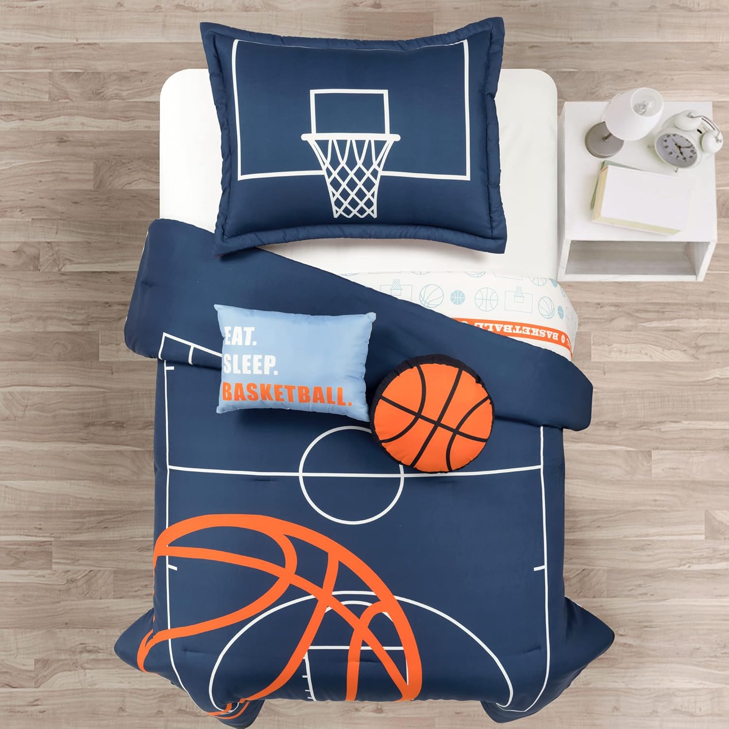 Lush Decor Basketball Game Reversible Comforter Twin Size 4 Piece Set, Navy - Kids Comforter Set - Basketball Comforters - Sports Decor