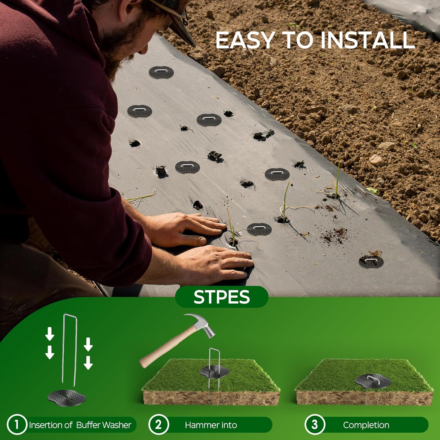 200 Pcs Garden Stakes Landscape Staples Set, 6 Inch 11 Gauge Heavy Duty Galvanized U-Shaped Ground Pins with Gasket for Weed Barrier Fabric, Grass Sod, Artificial Turf & Yard Landscaping