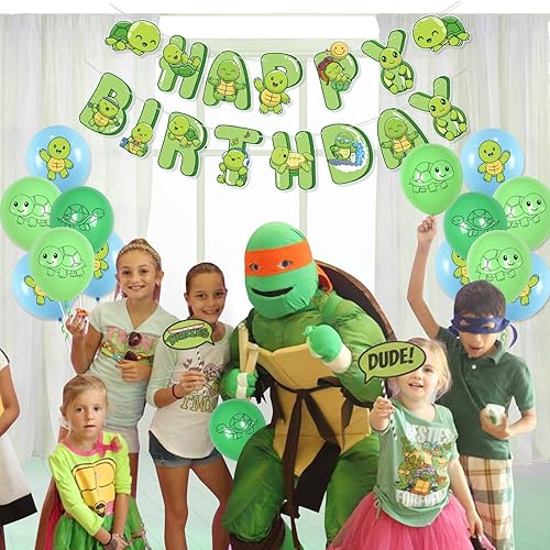 Miniatura 7 de Decoraciones de fiesta de tortuga incluye globos de tortuga, pancarta de feliz cumpleaños, decoración de pastel y mantel verde para decoraciones de