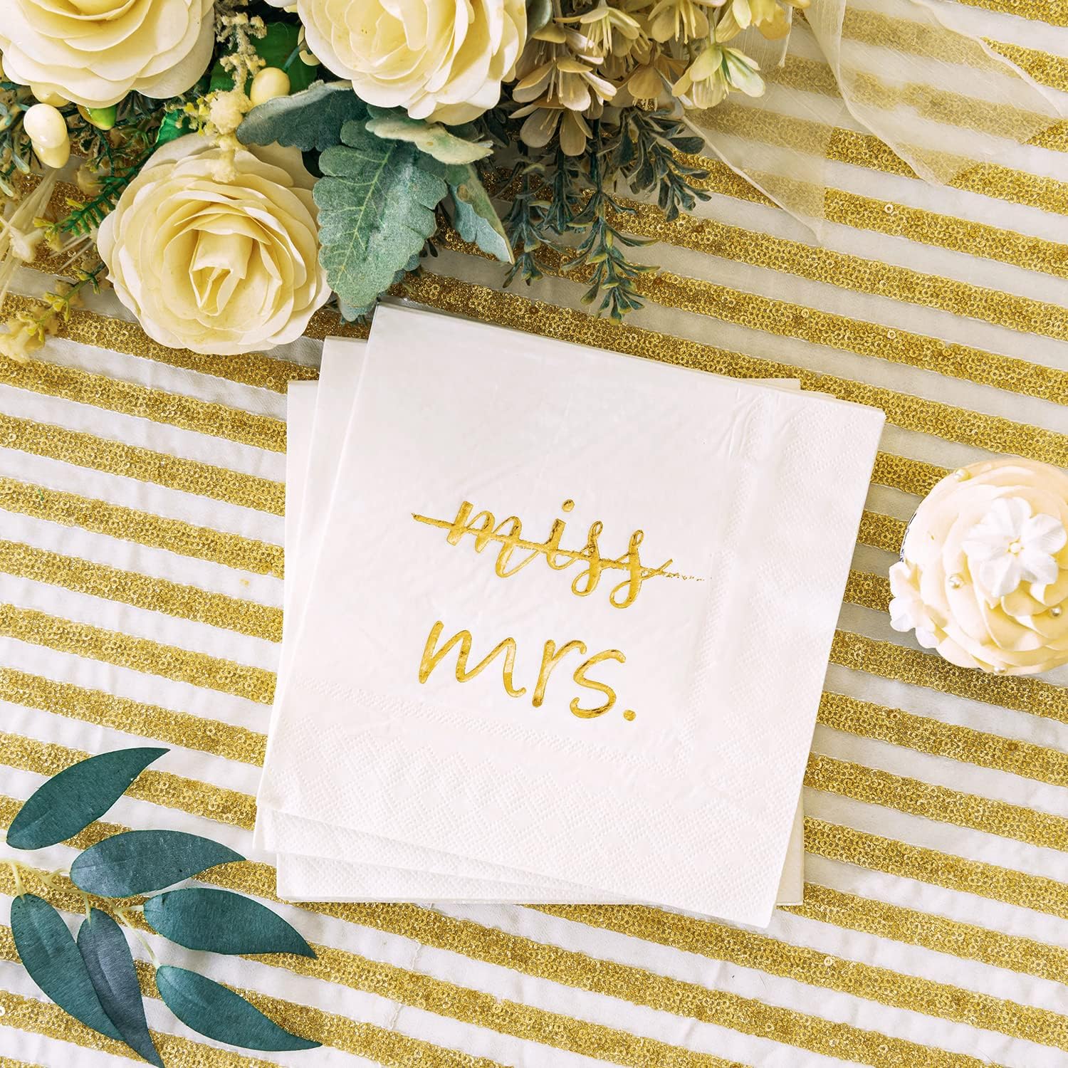 Crisky Gold Miss to Mrs Napkins Plates Cups Set for Bridal Shower Engagement Bachelorette Party Decorations Party Supplies, Disposable Tableware Set of 24 (9" & 7" Plates, Luncheon Napkin, 9oz Cups)