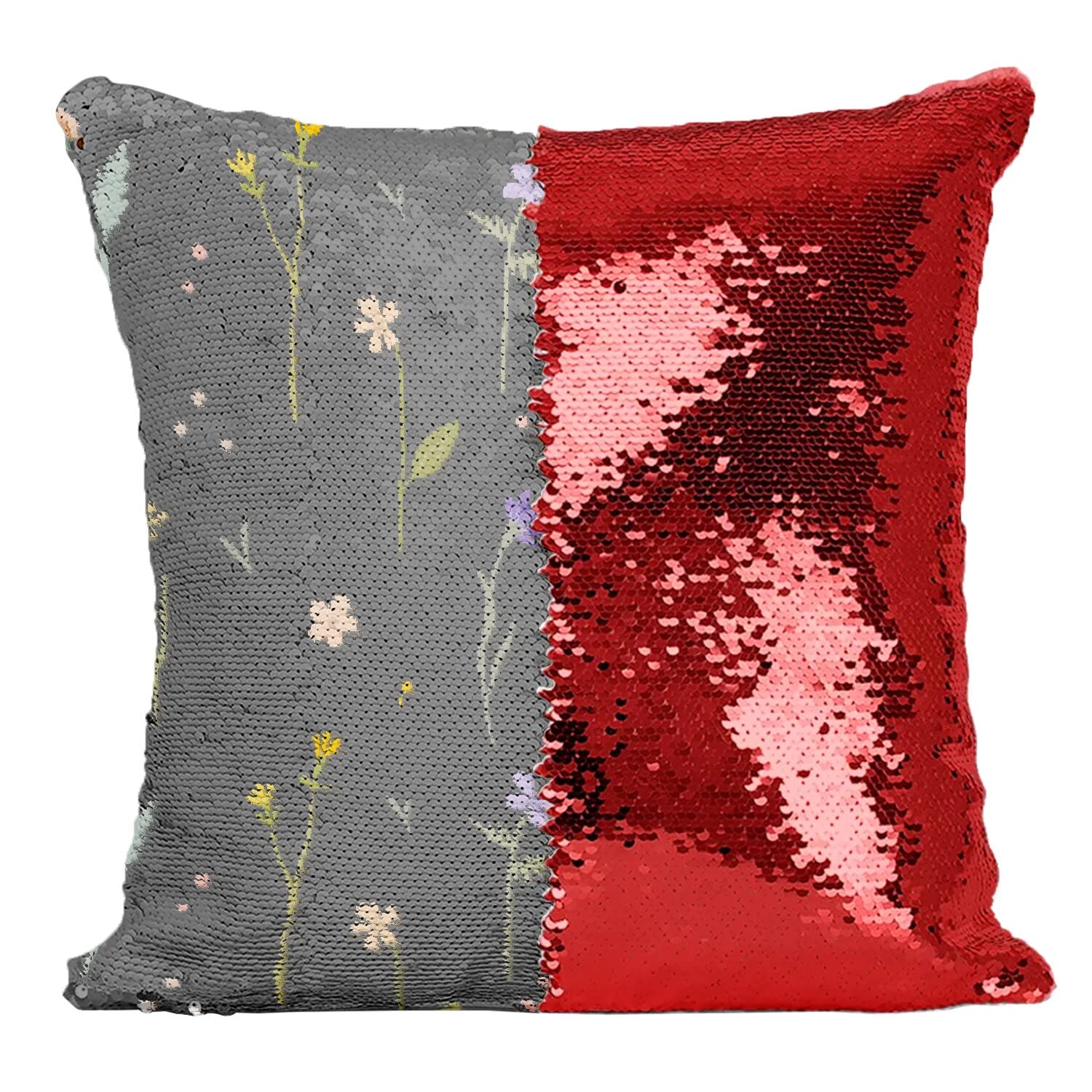 Coussin paillettes rouge fleurs des champs cadeau idéal pour maison