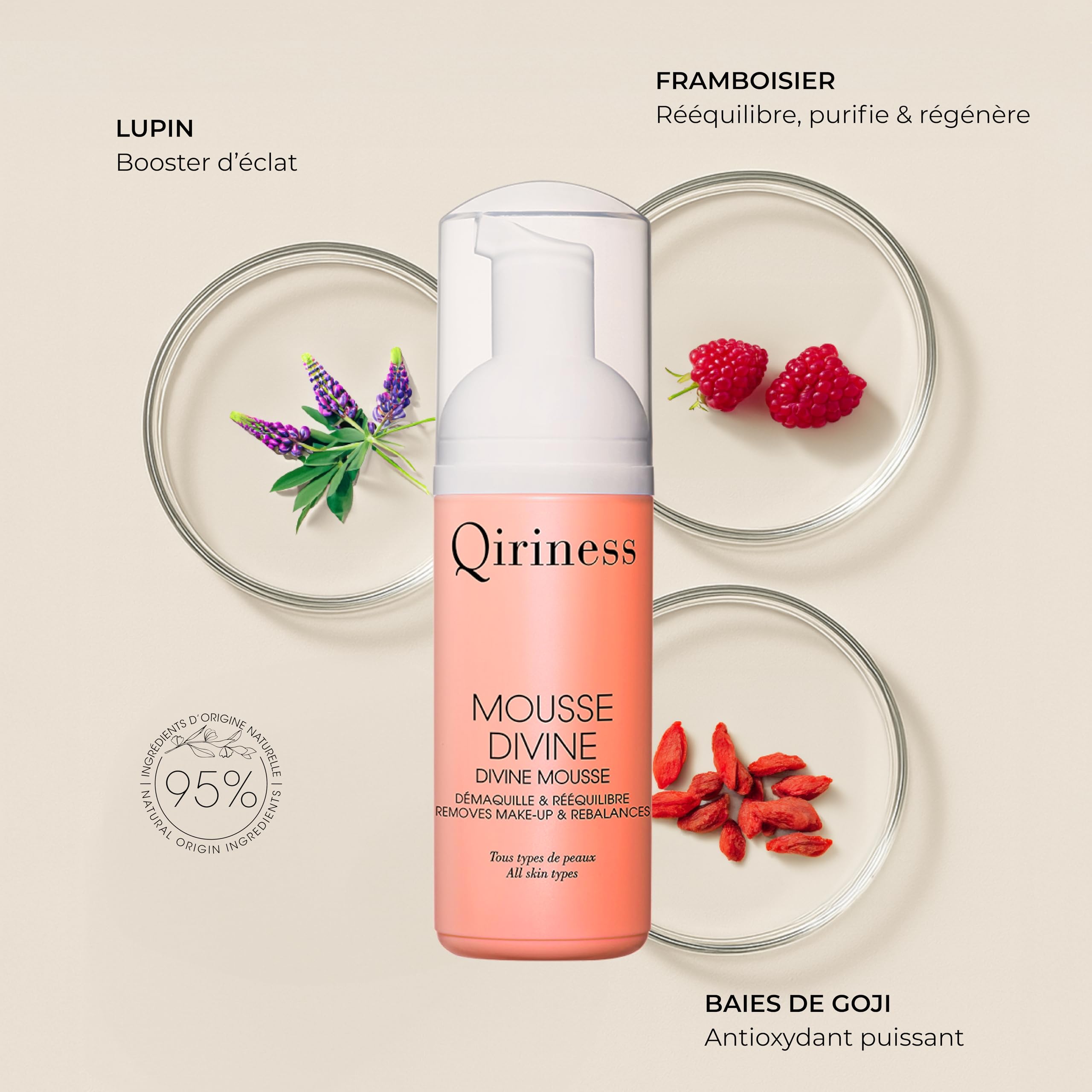 Qiriness - Mousse Nettoyante et Démaquillante Vitamine C - Mousse Divine - Pour le Visage - Tous Types de Peaux - Parfum Fruité - Texture Mousseuse Ultra-Douce - 125 ml