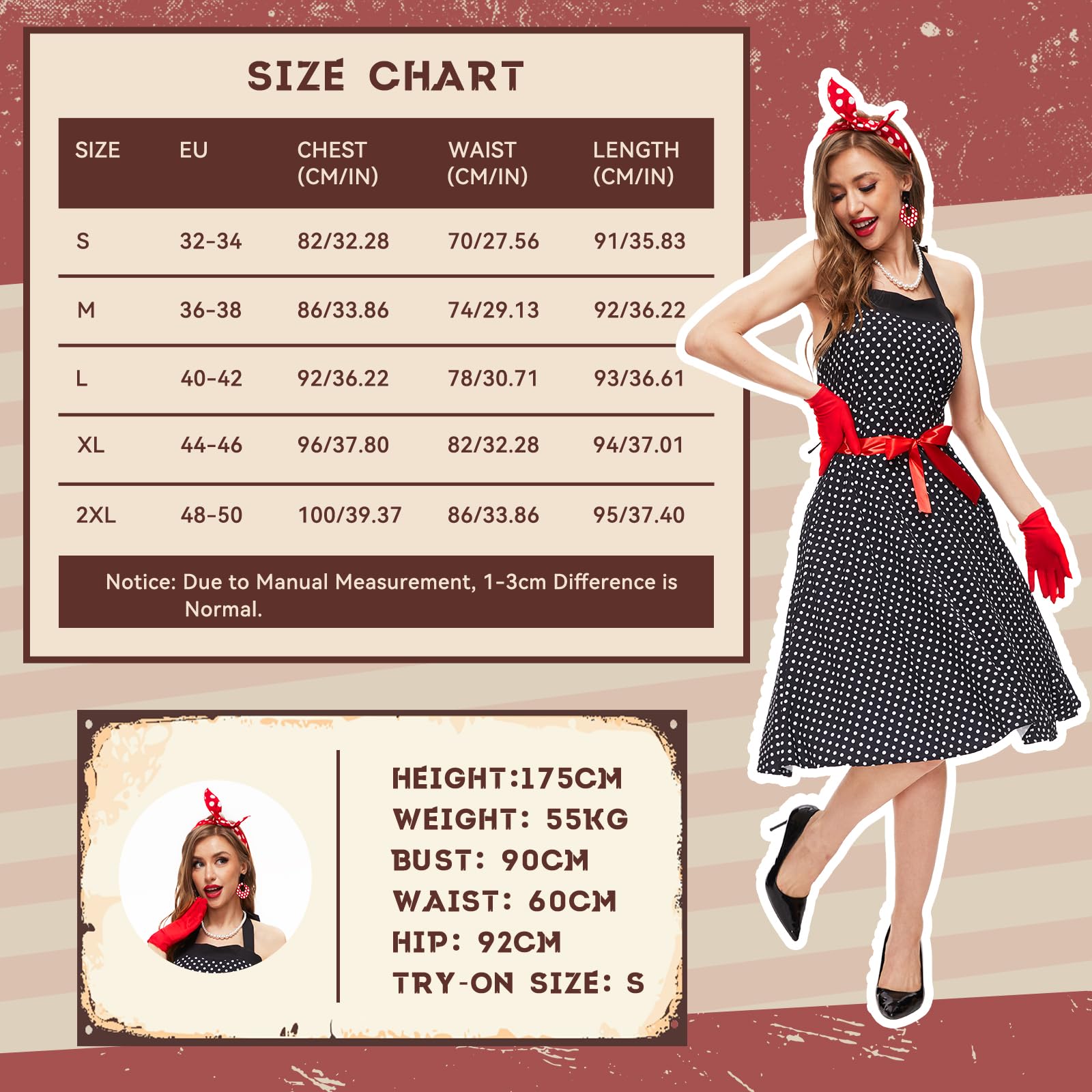 JONRRYIN Vestito Anni 50 Donna, Rockabilly Accessori Anni 50 Donna, Abito Gonna Anni 50 Donna, Vintage Costume Anni 50 Donna con Occhiali, Earrings, Guanti, Collana per Carnevale