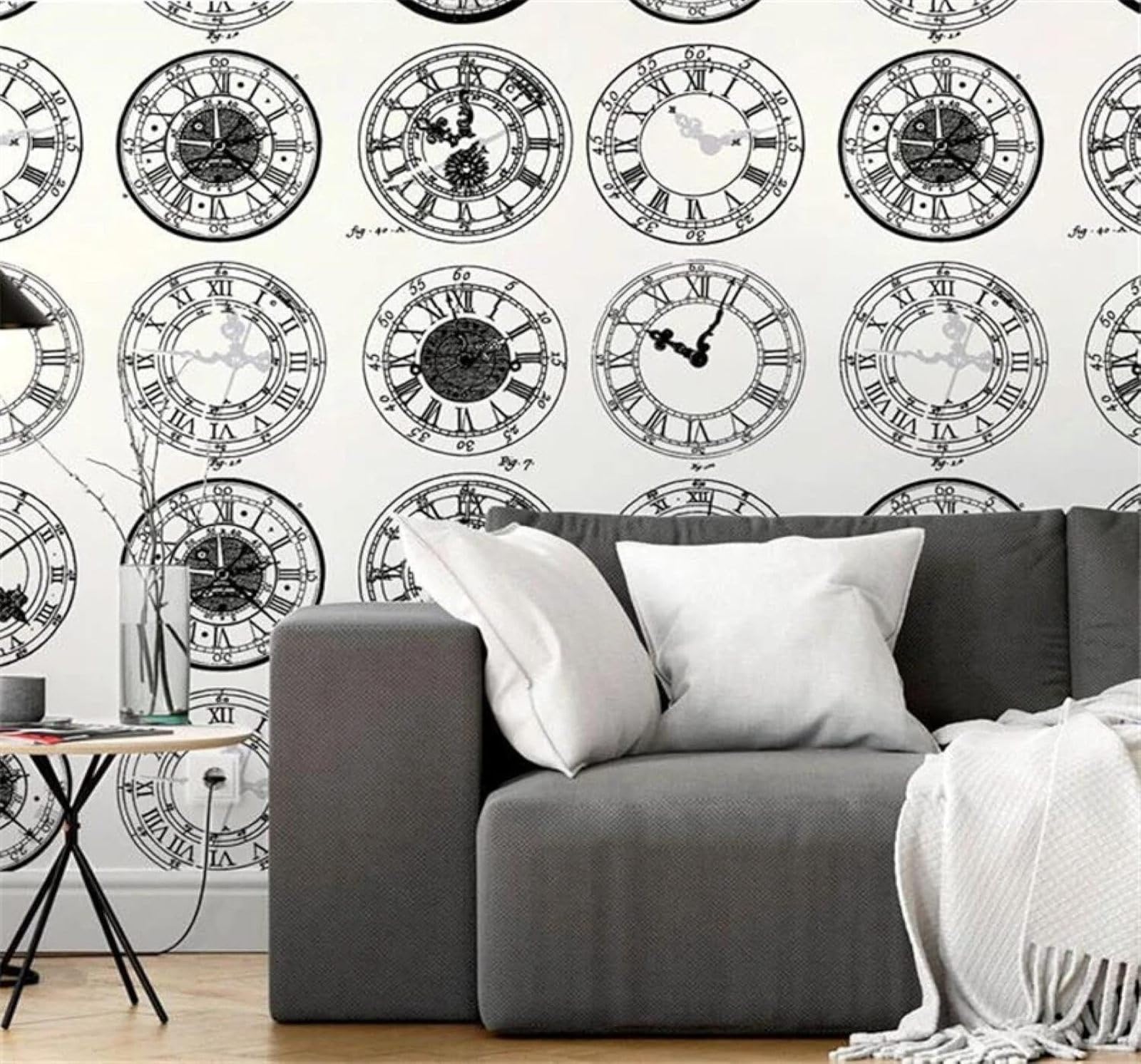 Xlming 400Cm×280Cm(B×H) Minimalist Hand Drawn Black And White Clock Art 3D Wallpaper Silky Texture Home Study Office Grey Dining Room Sofa Bedroom Living Room Tv Backdrop-400Cm×280Cm
