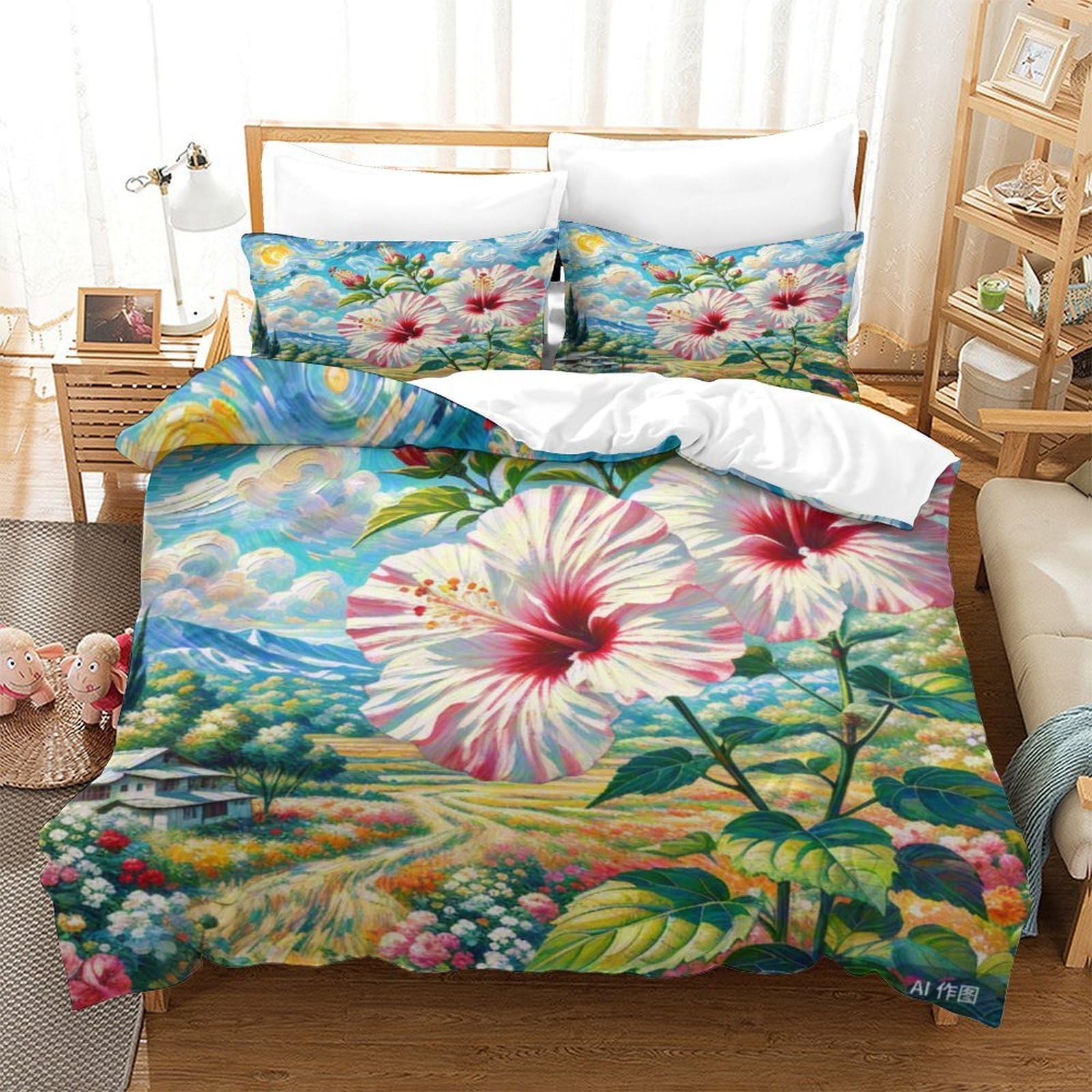 Housse de couette hibiscus 3D pour retrouver un sommeil serein en microfibre douce